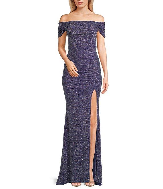 Honey and Rosie Glitter Knit Off-The-Shoulder Front Slit Gown Product Image