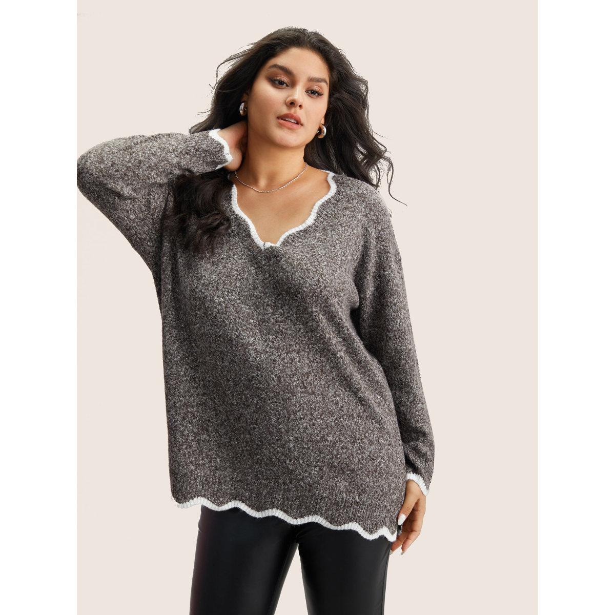 Plus Size Contrast Split Side Scalloped Trim Pullover DarkBrown Women Casual Long Sleeve V-neck Everyday Pullovers BloomChic 18-20/2X Product Image