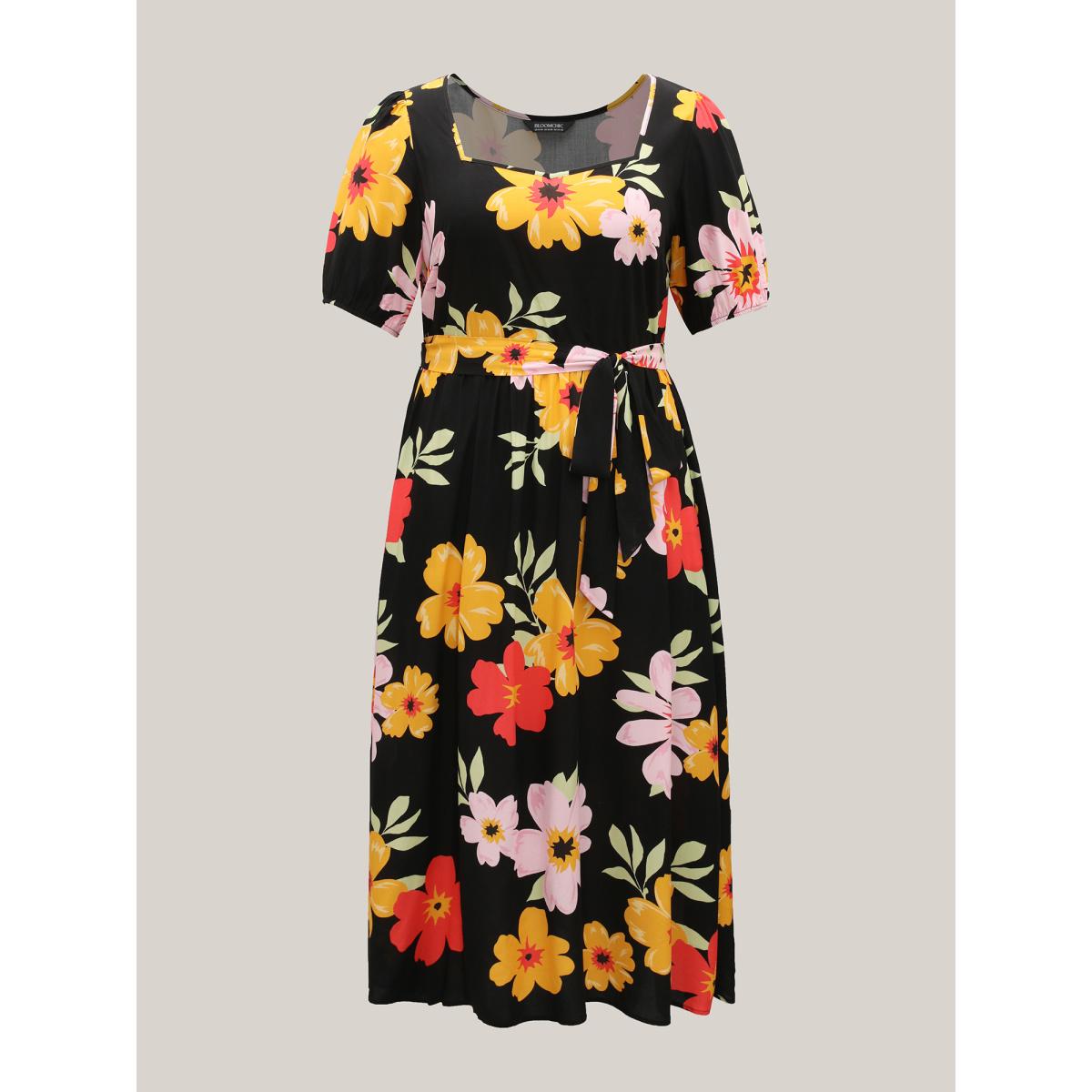 Plus Size Rayon Sunkissed Florals Belted Pockets Midi Dress Black Women Heart neckline Short sleeve Curvy BloomChic 12/L Product Image