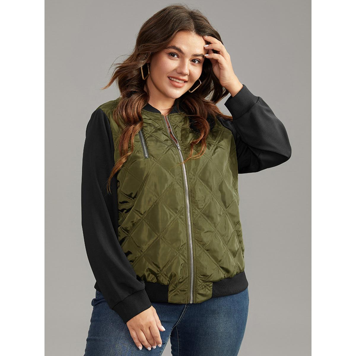 Plus Size Contrast Patchwork Quilted Zipper Bomber Jacket Women ArmyGreen Elastic cuffs Everyday Jackets BloomChic 22-24/3X Product Image