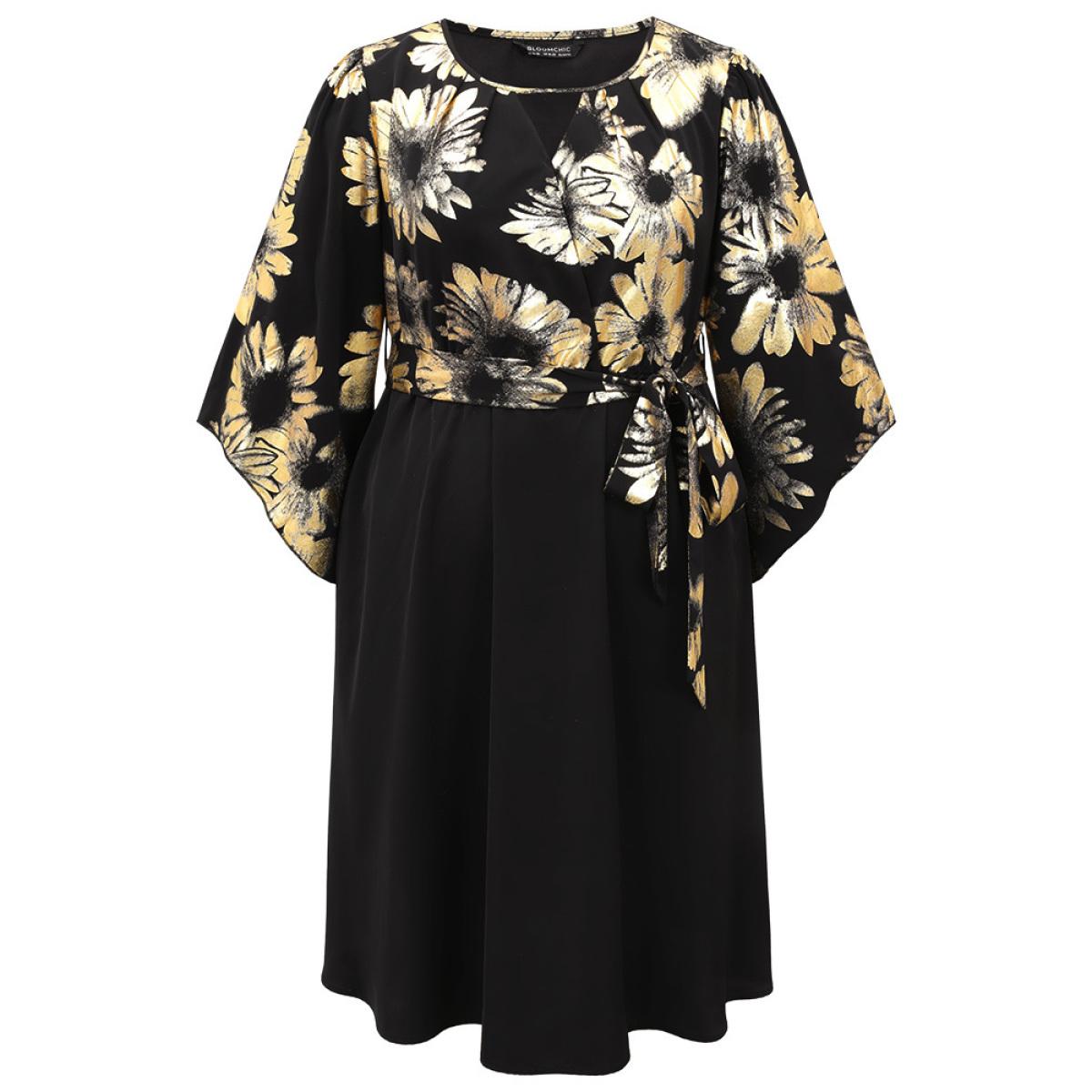 Plus Size Floral Glitter Belted Keyhole Flutter Sleeve Dress Black Women Glamour Gathered Keyhole Cut-Out Elbow-length sleeve Curvy Midi Dress BloomChic 28/5X Product Image