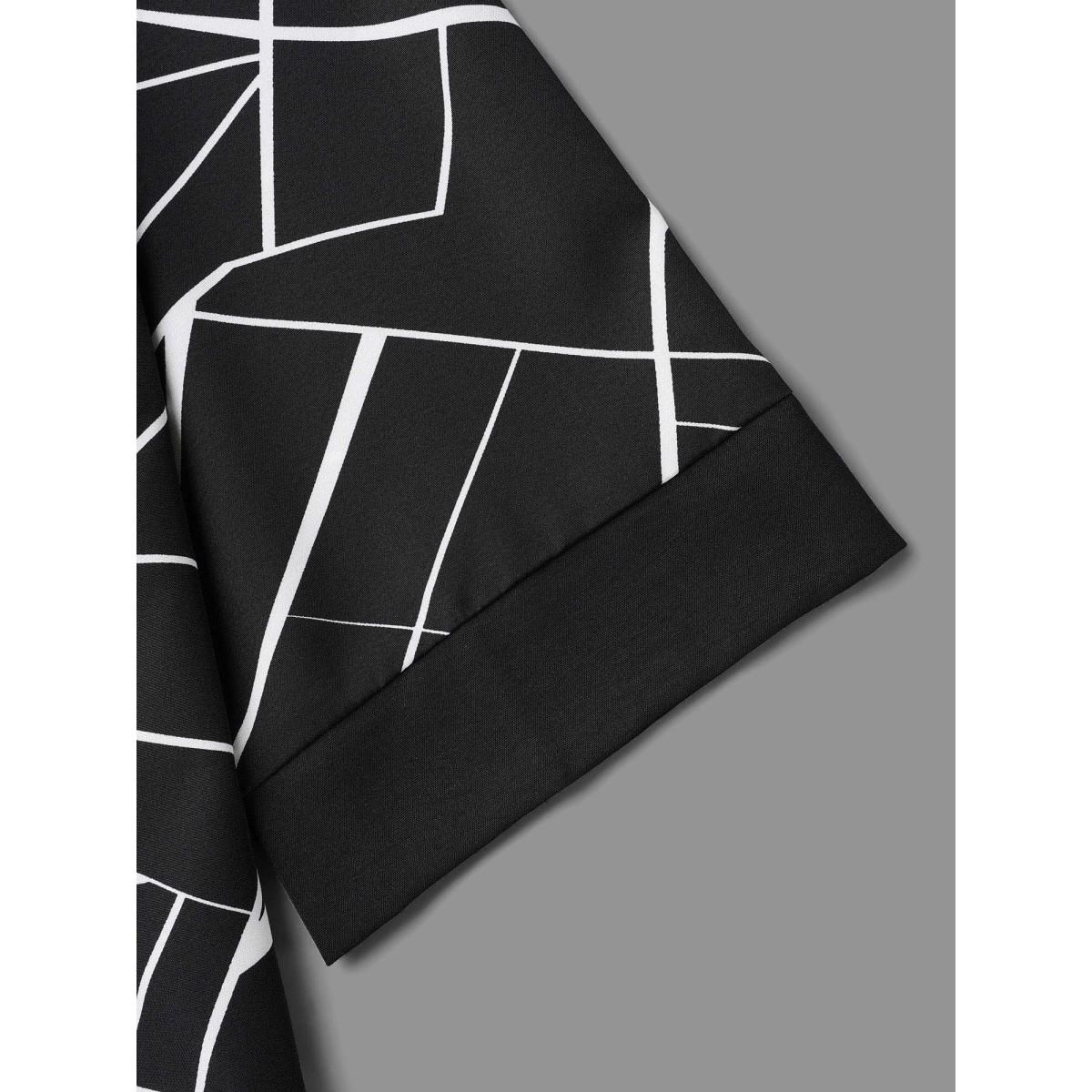 Plus Size Black Geometric Print Metal Detail Spliced Blouse Women At the Office Elbow-length sleeve Round Neck Office Blouses BloomChic 18-20/2X Product Image