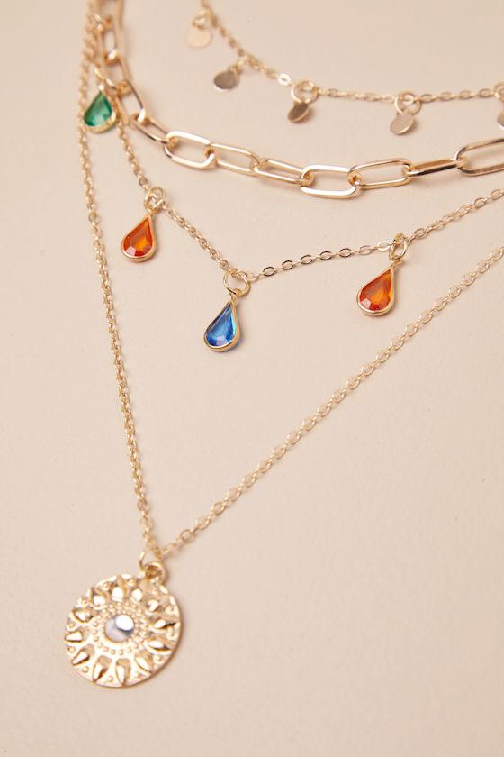 Quinara Gold Layered Rhinestone Charm Necklace Product Image