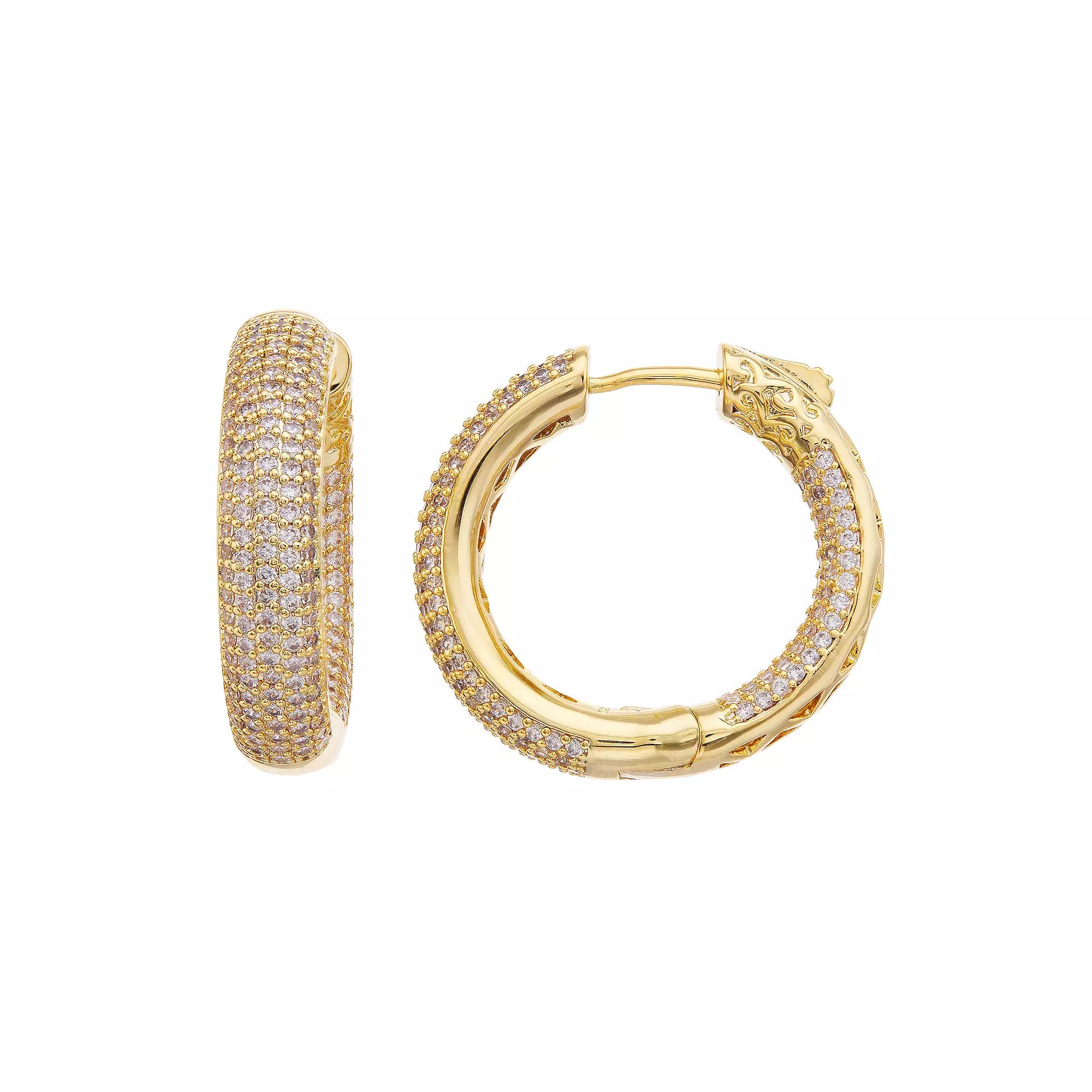 Sterling Silver & Cubic Zirconia Pave Inside Out Tube Hoop Earrings, Womens, Gold Tone Product Image