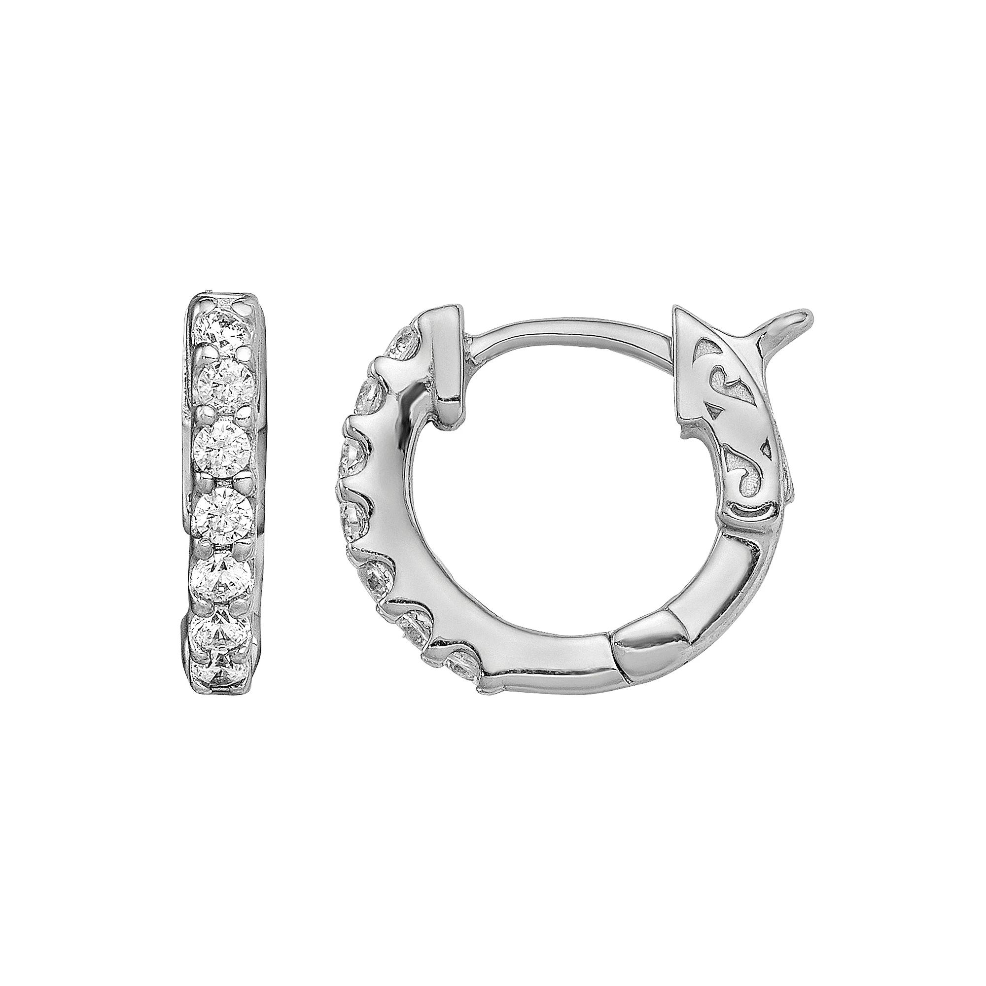 Sterling Shimmer Silver Plated Cubic Zirconia Small Hinged Hoop Earrings, Women's Product Image