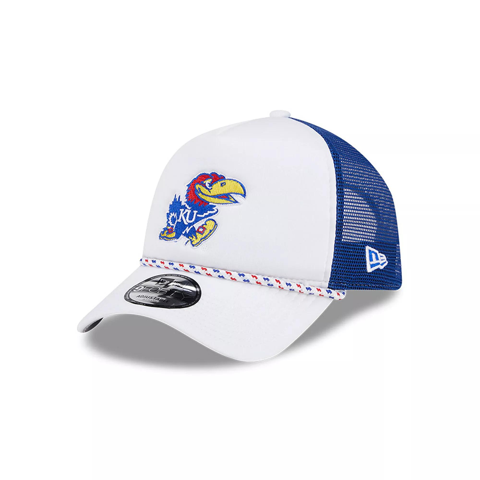 Men's New Era White/Royal Kansas Jayhawks Court Sport Foam A-Frame 9FORTY Adjustable Trucker Hat Product Image