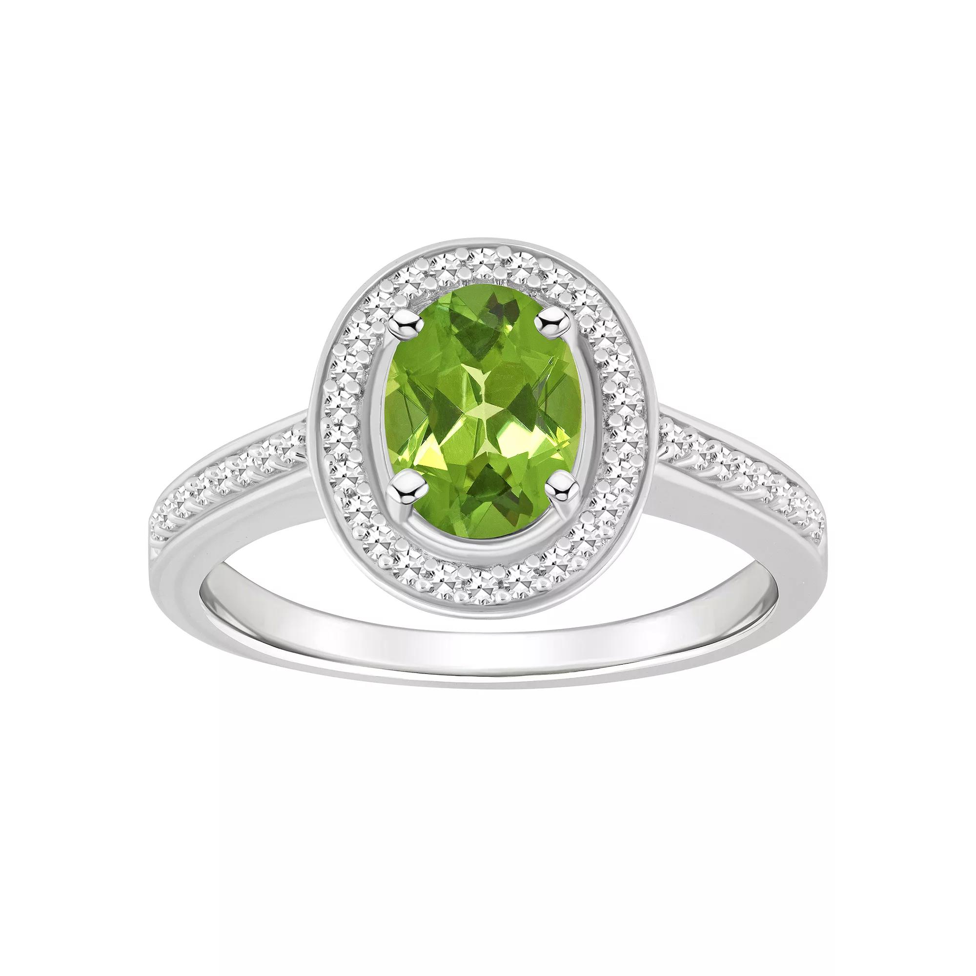 Celebration Gems Sterling Silver 8 mm x 6 mm Oval Gemstone & 1/5 Carat T.W. Diamond Halo Ring, Women's, Peridot Product Image