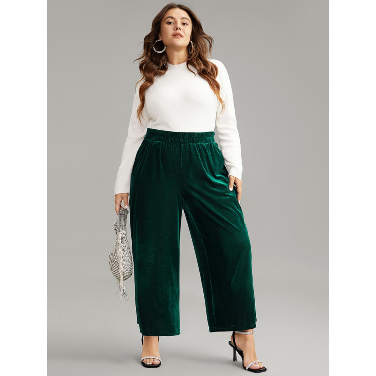 Plus Size Solid Textured Velvet Elastic Waist Gathered Pants Women DarkGreen Glamour Wide Leg High Rise Going out Pants BloomChic 12/L Product Image