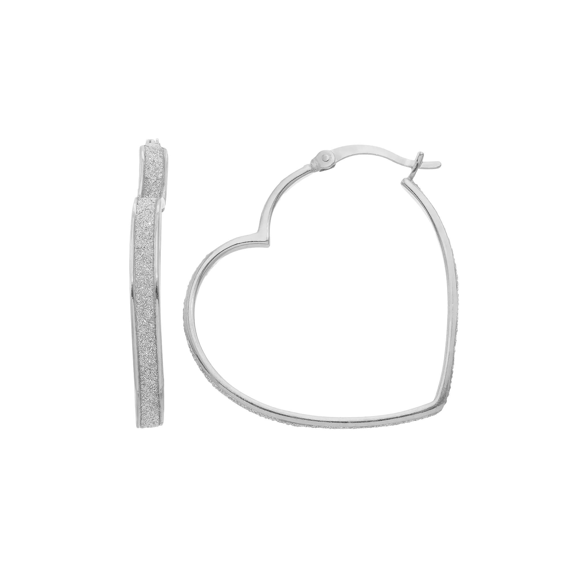 Sterling Silver Heart Hoop Earrings, Women's, White Over Silver Product Image