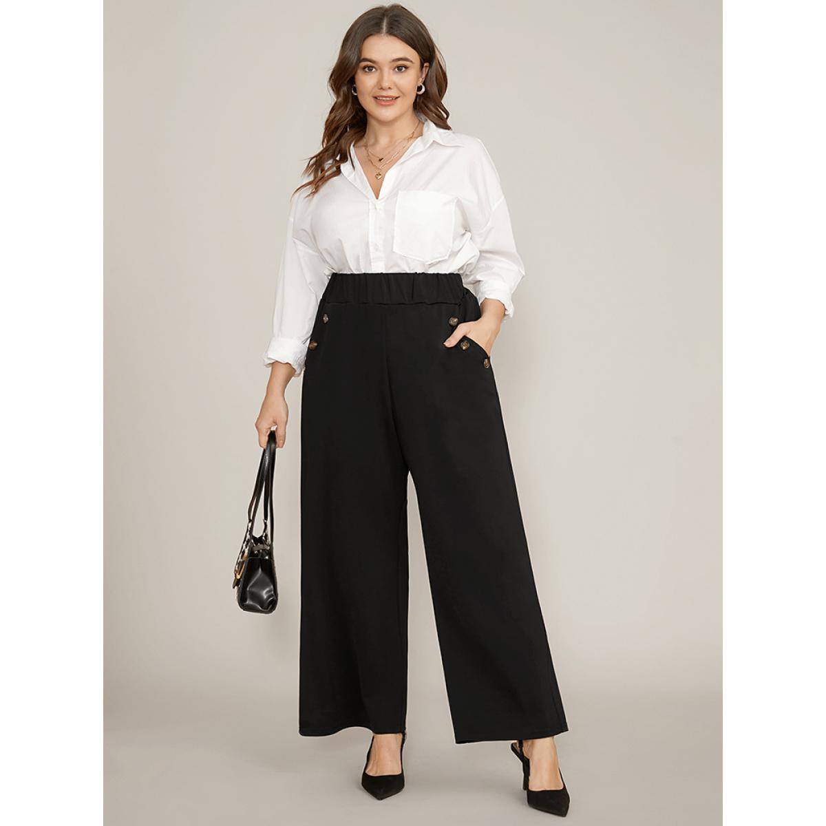 Plus Size Solid Elastic Waist Button Detail Pocket Wide Leg Pants Women Black Office Wide Leg High Rise Office Pants BloomChic 30/6X Product Image