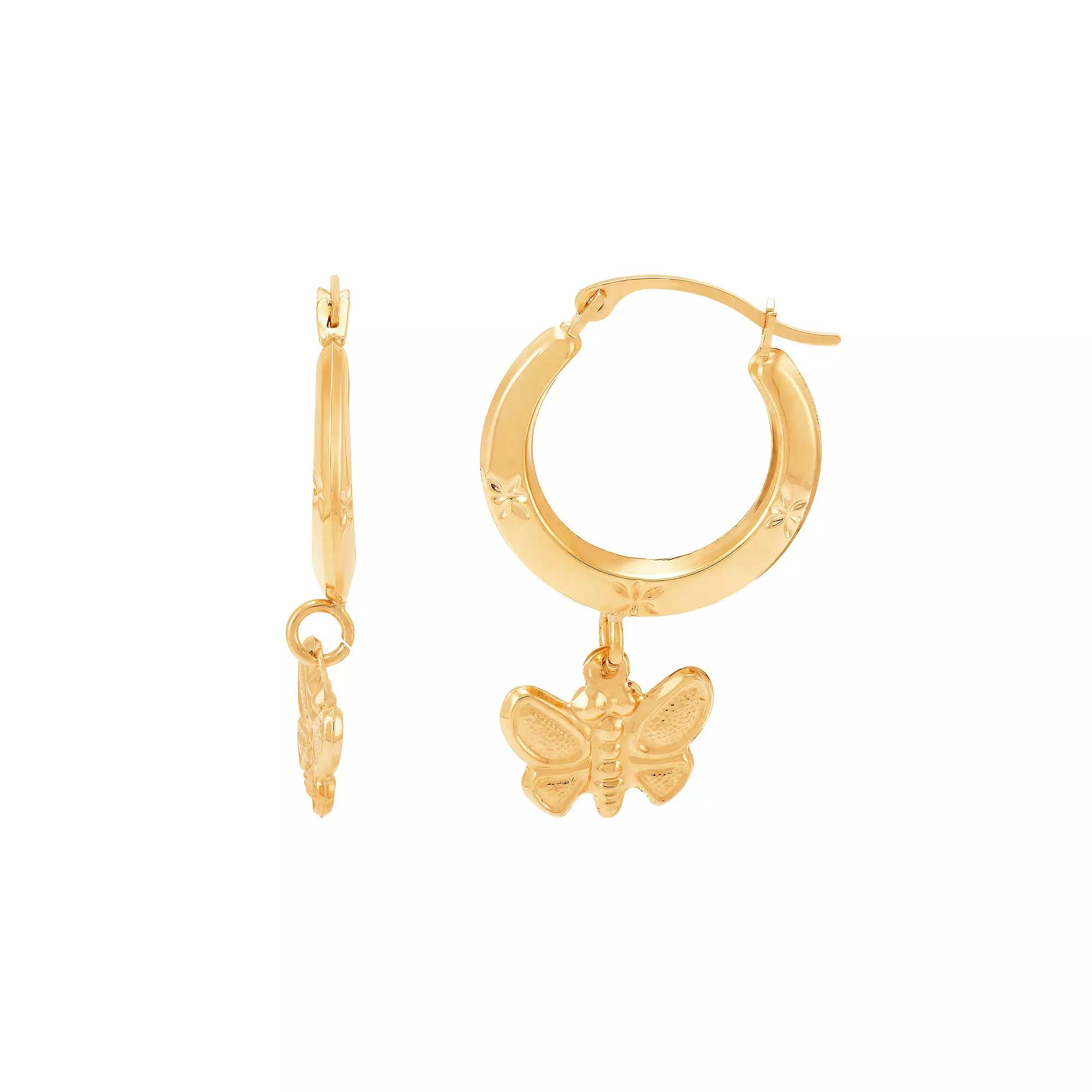 Everlasting Gold 10k Gold Diamond Cut Round Butterfly Hoop Earrings, Women's Product Image