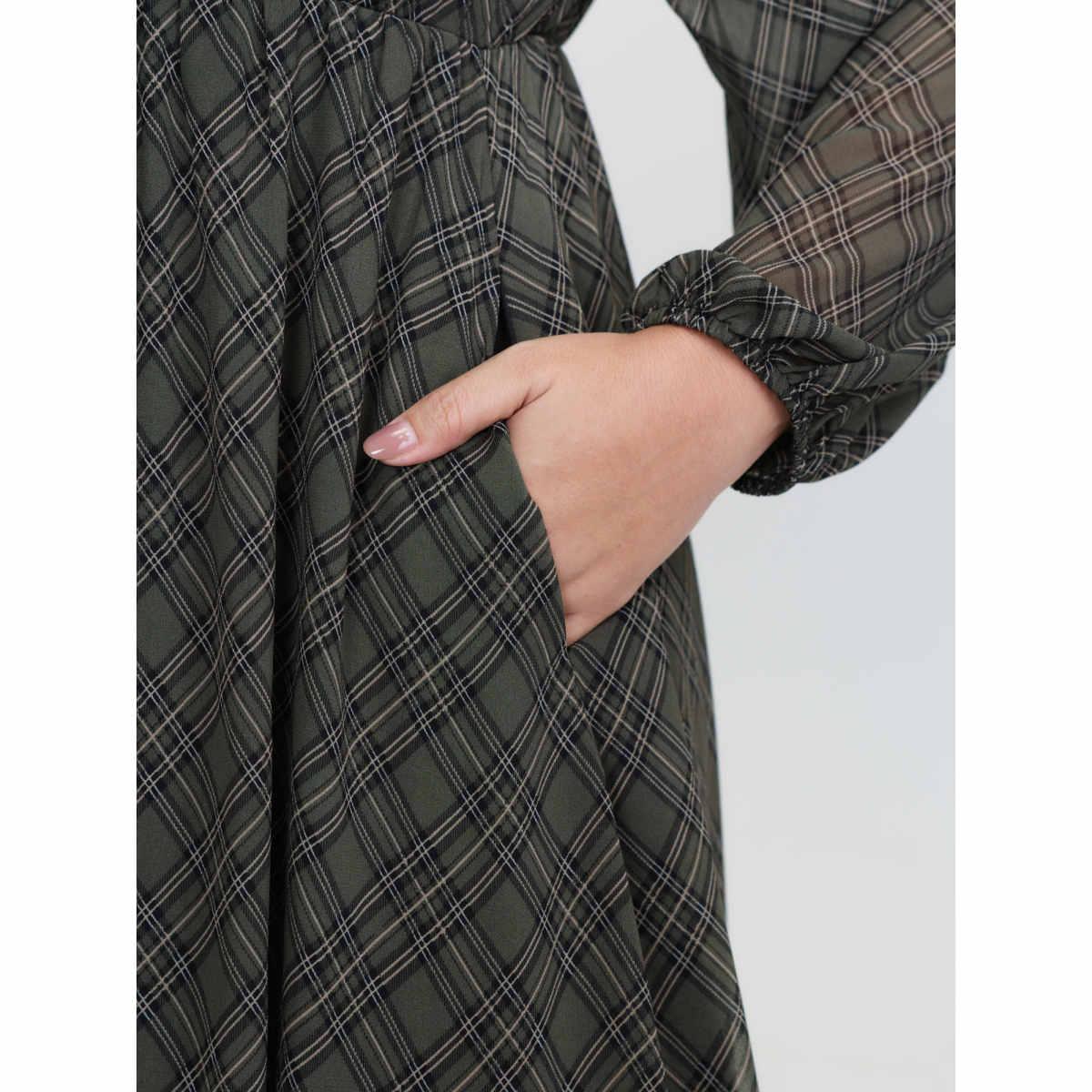 Plus Size Diamond Print Neck Tie Midi Dress DarkSlateGray Women Leisure Tie knot Round Neck Extra Long Sleeve Curvy BloomChic 26/4X Product Image