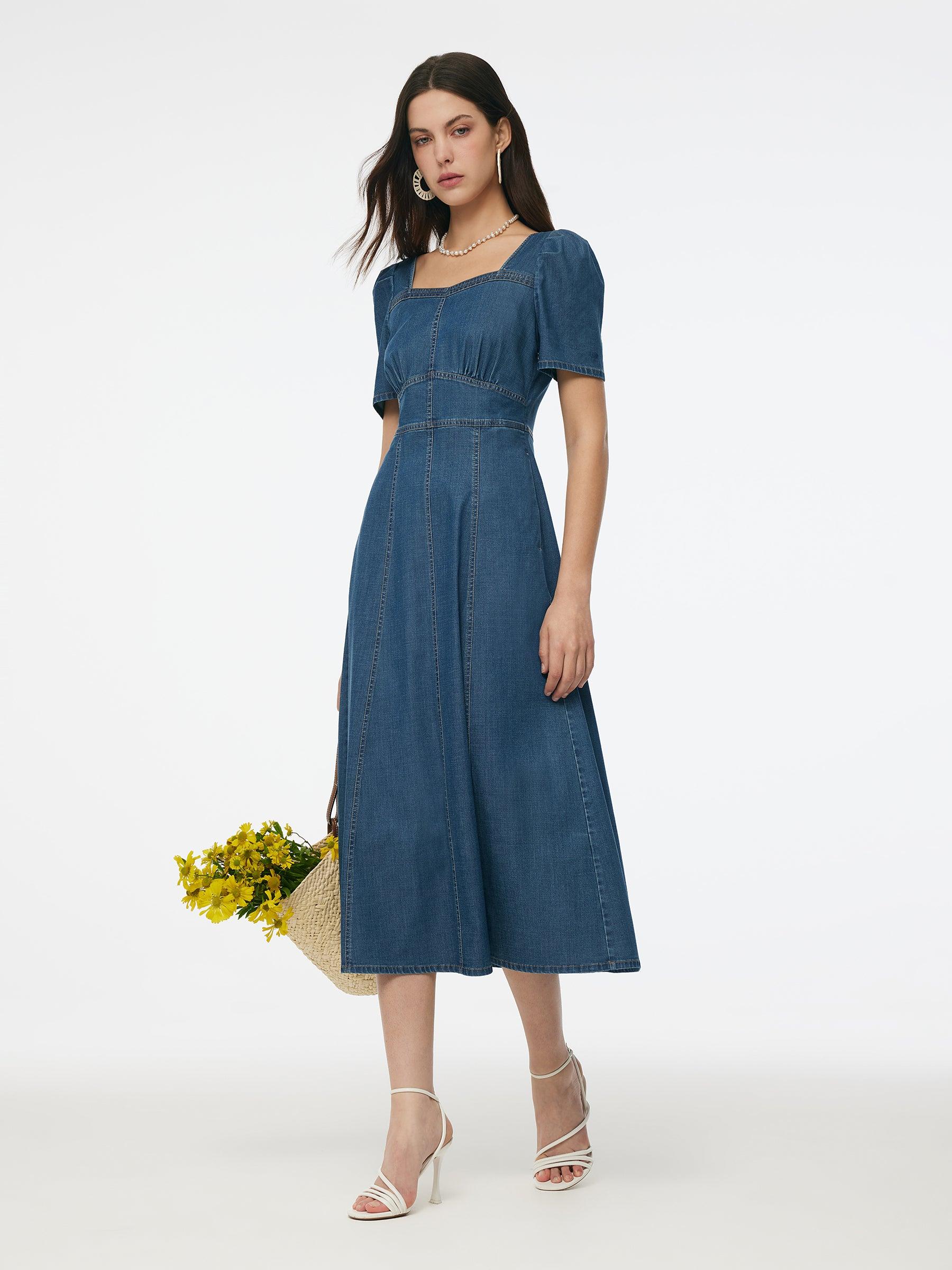 Denim Stretch Women Square Neck Midi Dress Product Image