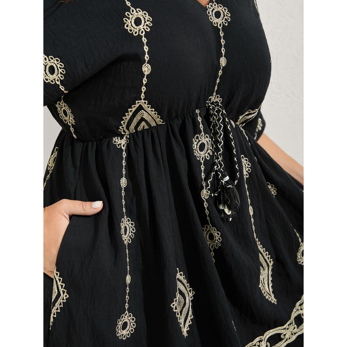 Plus Size Boho Embroidered Waist Tie Midi Dress Black Women V-neck Sleeveless Curvy BloomChic 28/5X Product Image