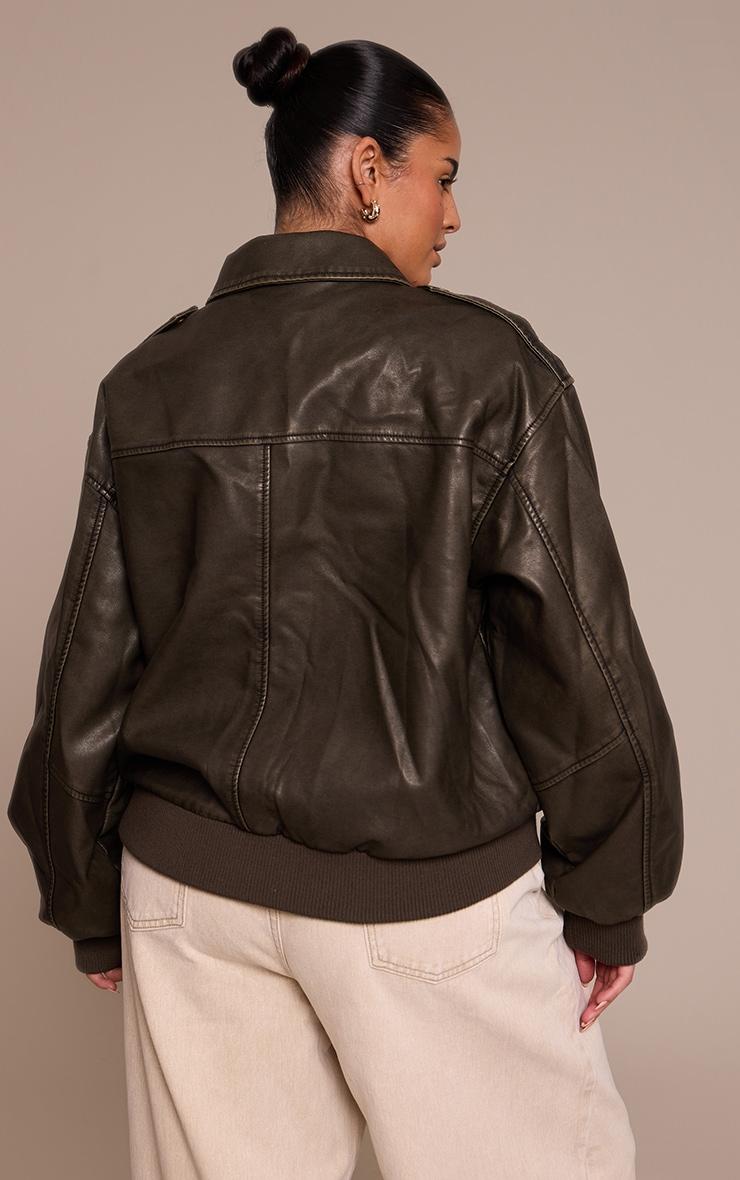 Plus Brown Washed Faux Leather Pocket Detail Bomber Jacket Product Image