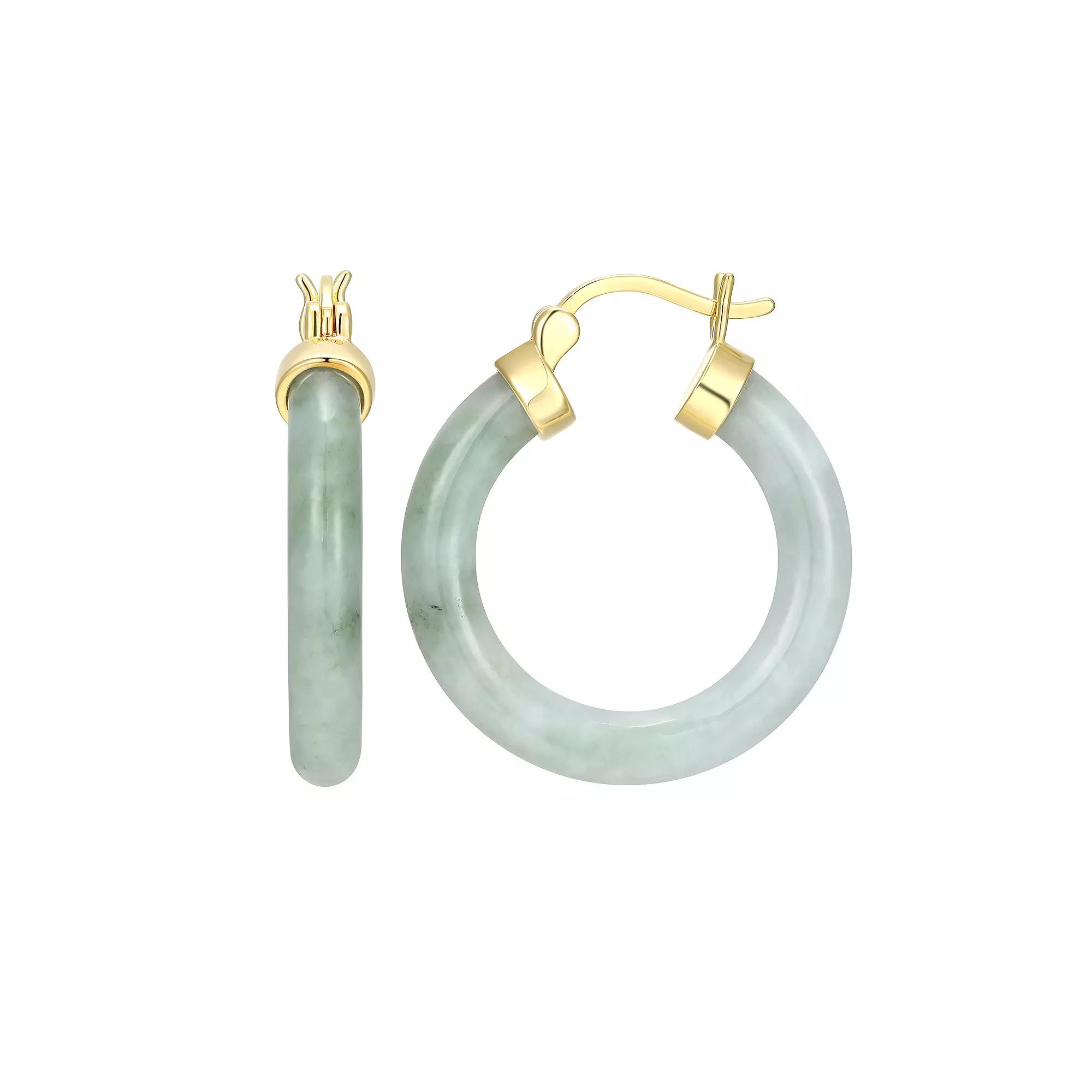 Dynasty Jade 18k Gold over Sterling Silver Smooth Jade Hoop Earrings, Women's, Gold Tone Product Image