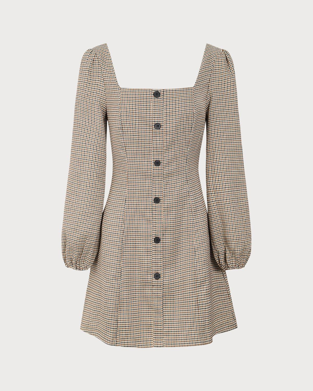 The Khaki Square Neck Plaid Button Mini Dress Product Image