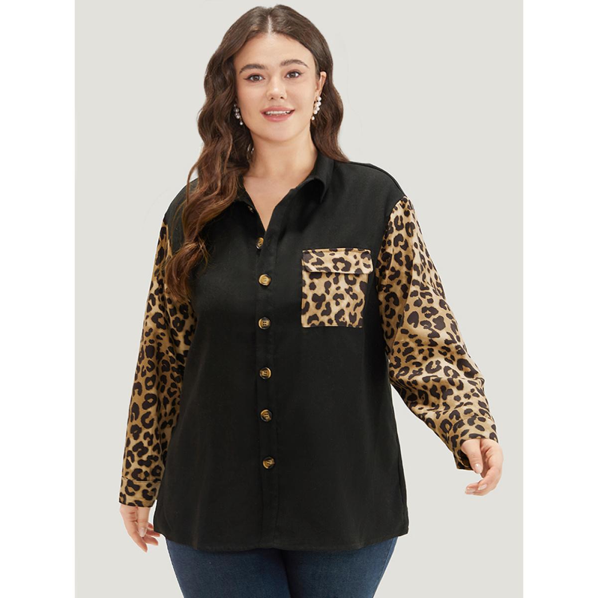Plus Size Leopard Patchwork Contrast Button Up Coat Women Black Contrast Pocket Dailywear Jackets BloomChic 22-24/3X Product Image