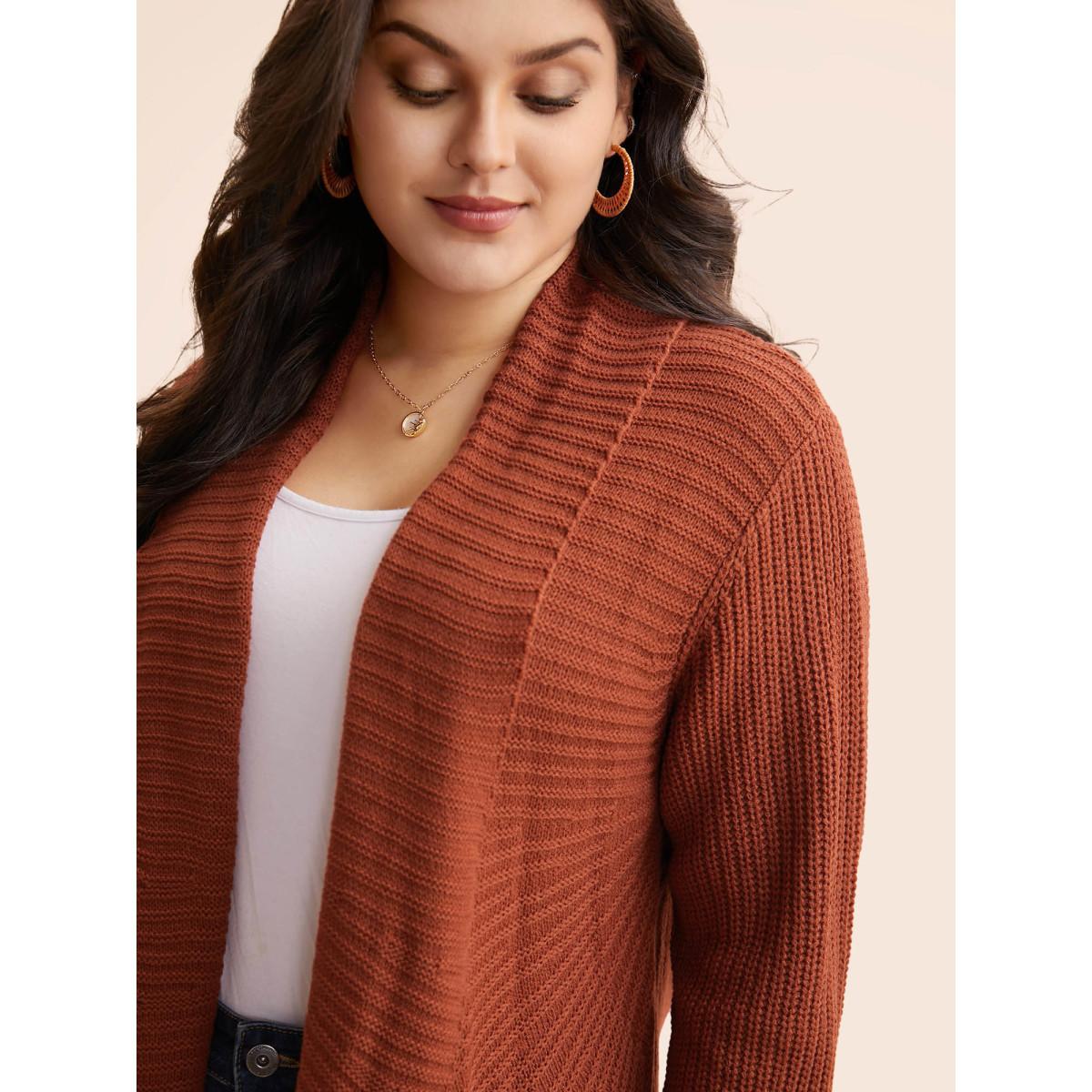 Plus Size Kimono Collar Texture Cable Knit Cardigan Russet Women Casual Loose Long Sleeve Everyday Cardigans BloomChic 28/5X Product Image