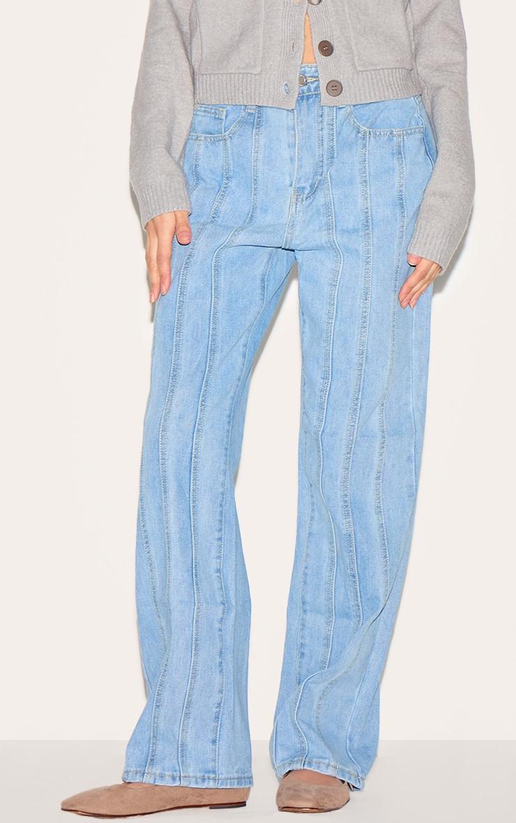 Light Blue Wash Panelled Seam Detail Straight Leg Jeans Product Image