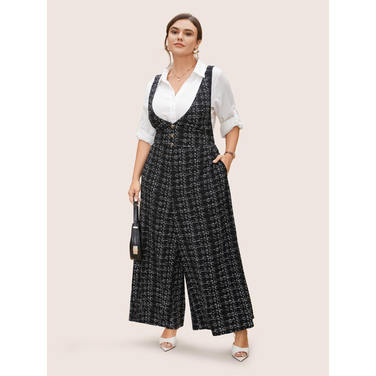 Plus Size Black Plaid Tweed Crisscross Back Button Detail Jumpsuit Women Work From Home Sleeveless Non Work Loose Jumpsuits BloomChic 30/6X Product Image