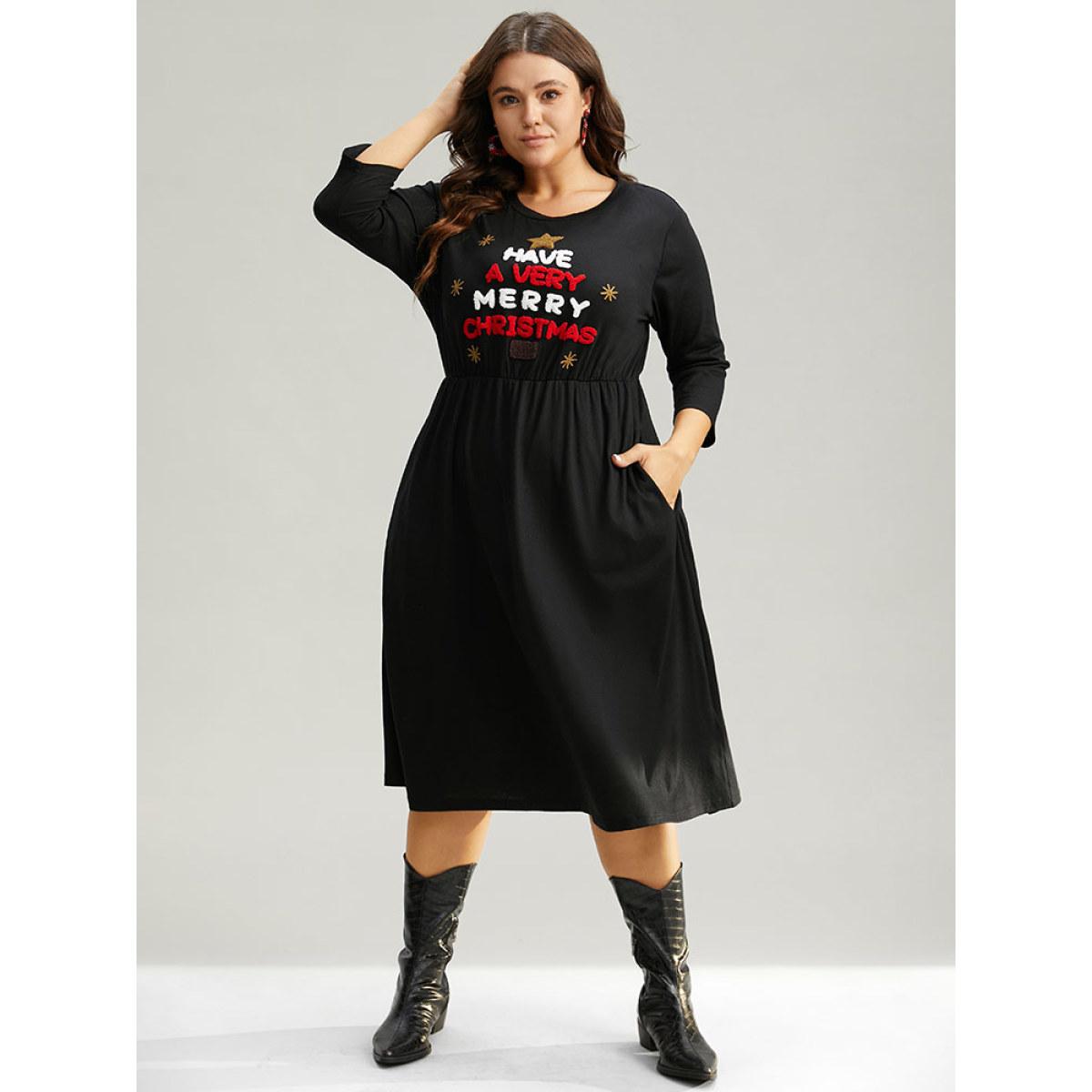 Plus Size Christmas Embroidered Star Elastic Waist Dress Black Women Casual Embroidered Round Neck Elbow-length sleeve Curvy Midi Dress BloomChic 30/6X Product Image