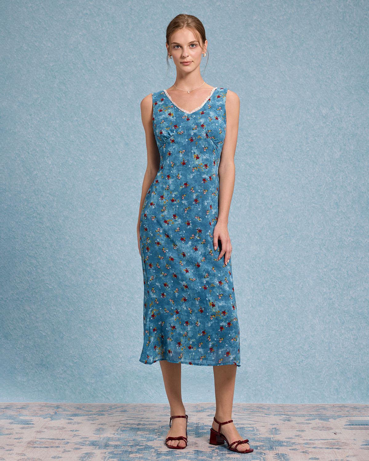 Blue Floral V Neck A-Line Sleeveless Midi Dress Product Image