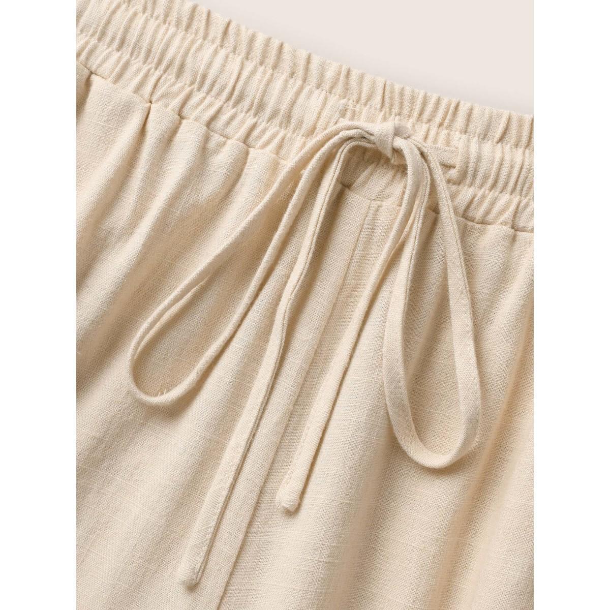 Plus Size Linen Blend Drawstring Mid Rise Wide Leg Pants Women Beige Casual Wide Leg Mid Rise Everyday Pants BloomChic 10/M Product Image