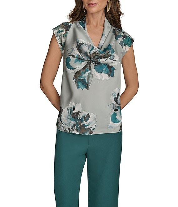 Donna Karan Floral Mix Media Cowl Neck Cap Sleeve Blouse Product Image