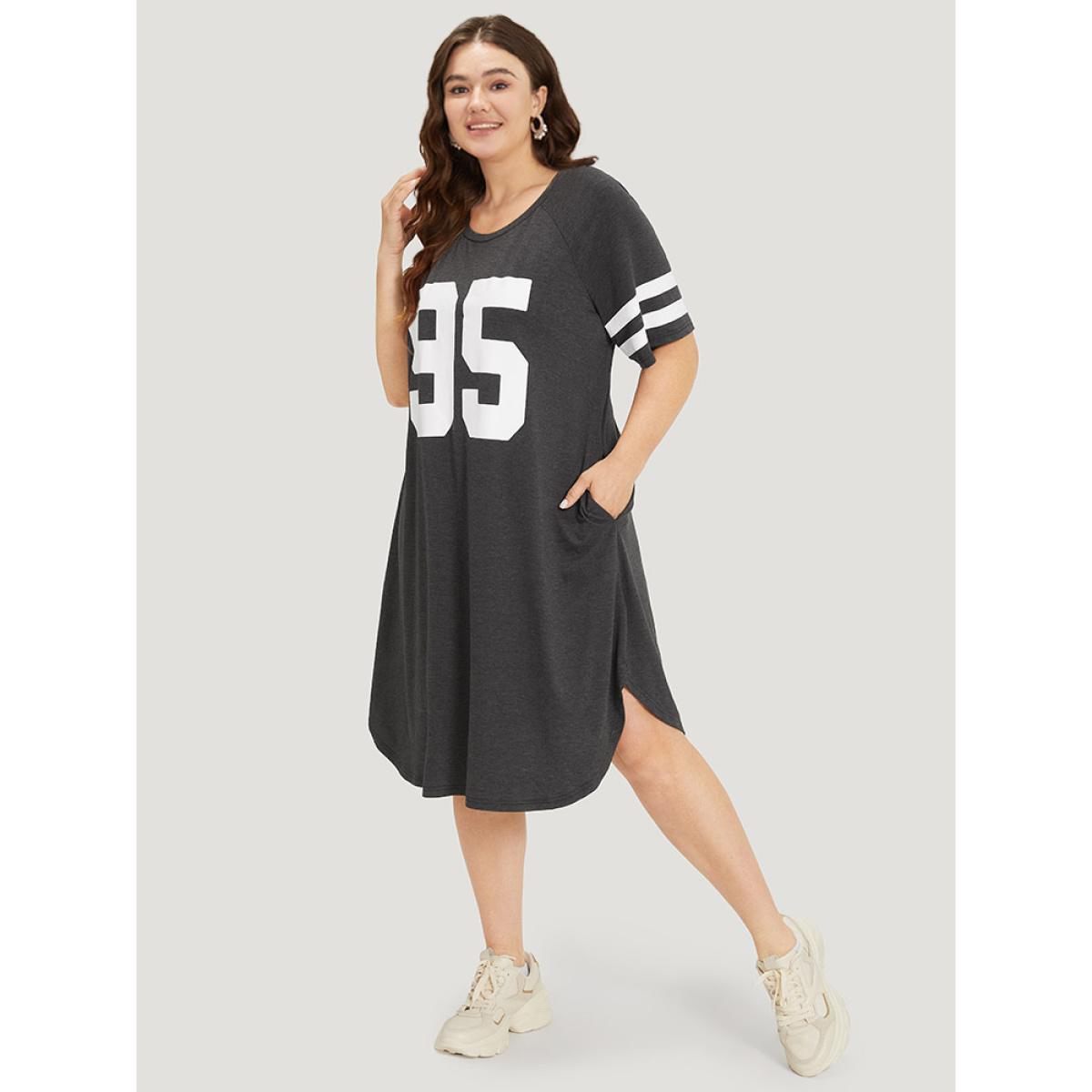 Plus Size Number Print Pocket Curved Hem Dress DimGray Women Casual Plain Curvy Midi Dress BloomChic 26/4X Product Image