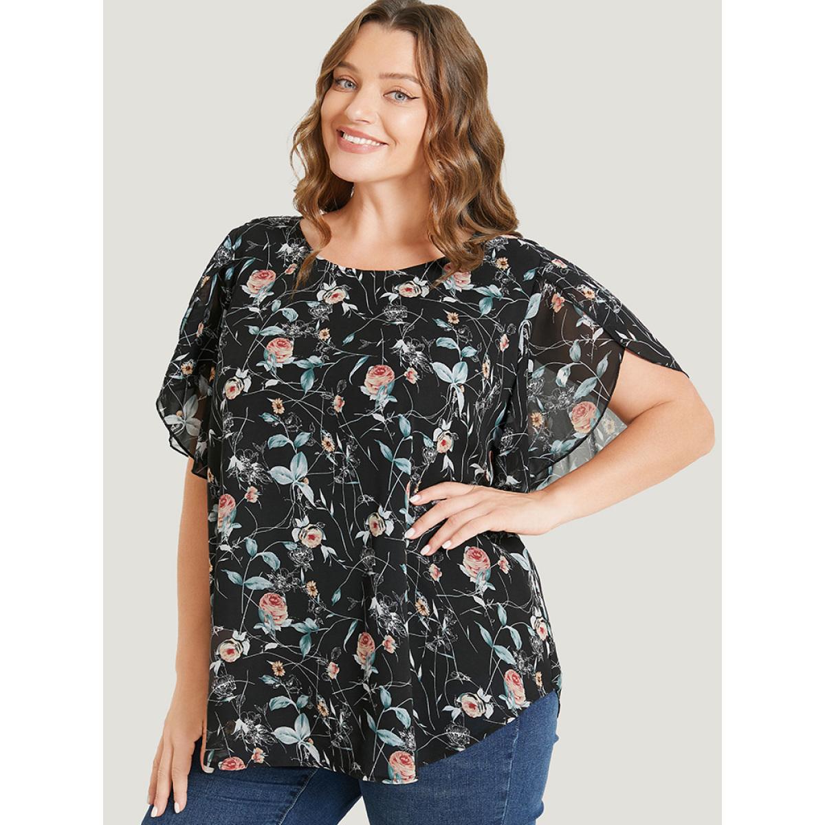Plus Size Black Floral Split Sleeve Chiffon Blouse Women Elegant Short sleeve Round Neck Dailywear Blouses BloomChic 30/6X Product Image