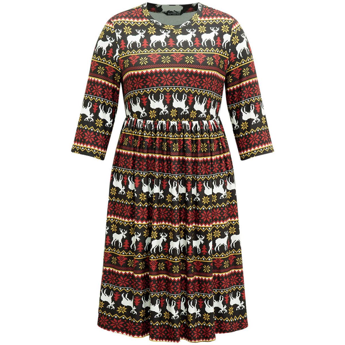 Plus Size Christmas Elk Contrast Elastic Waist Dress Multicolor Women Casual Printed Round Neck Long Sleeve Curvy Midi Dress BloomChic 18-20/2X Product Image
