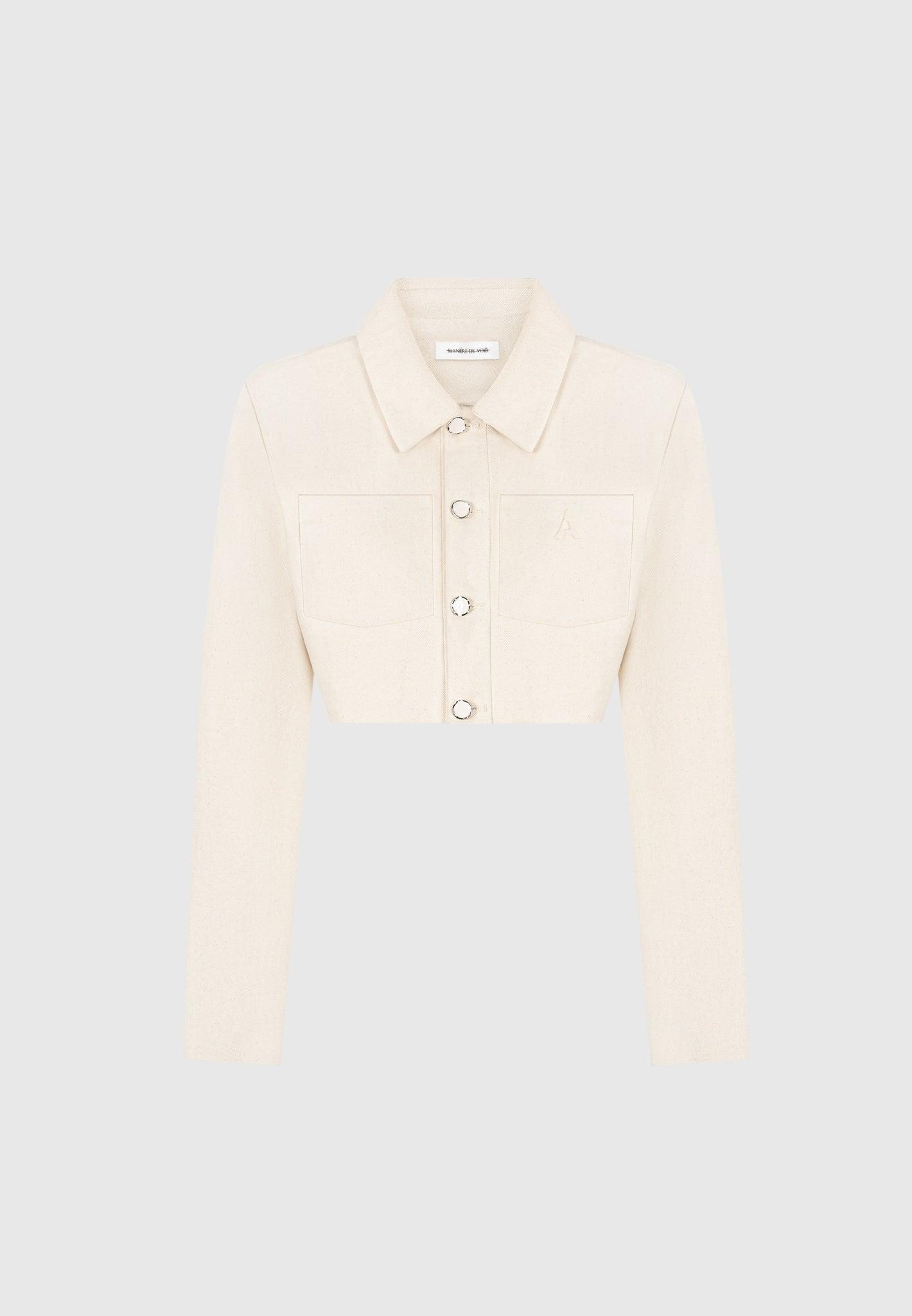 Wide Shoulder Cropped Denim Jacket - Cream Female Product Image