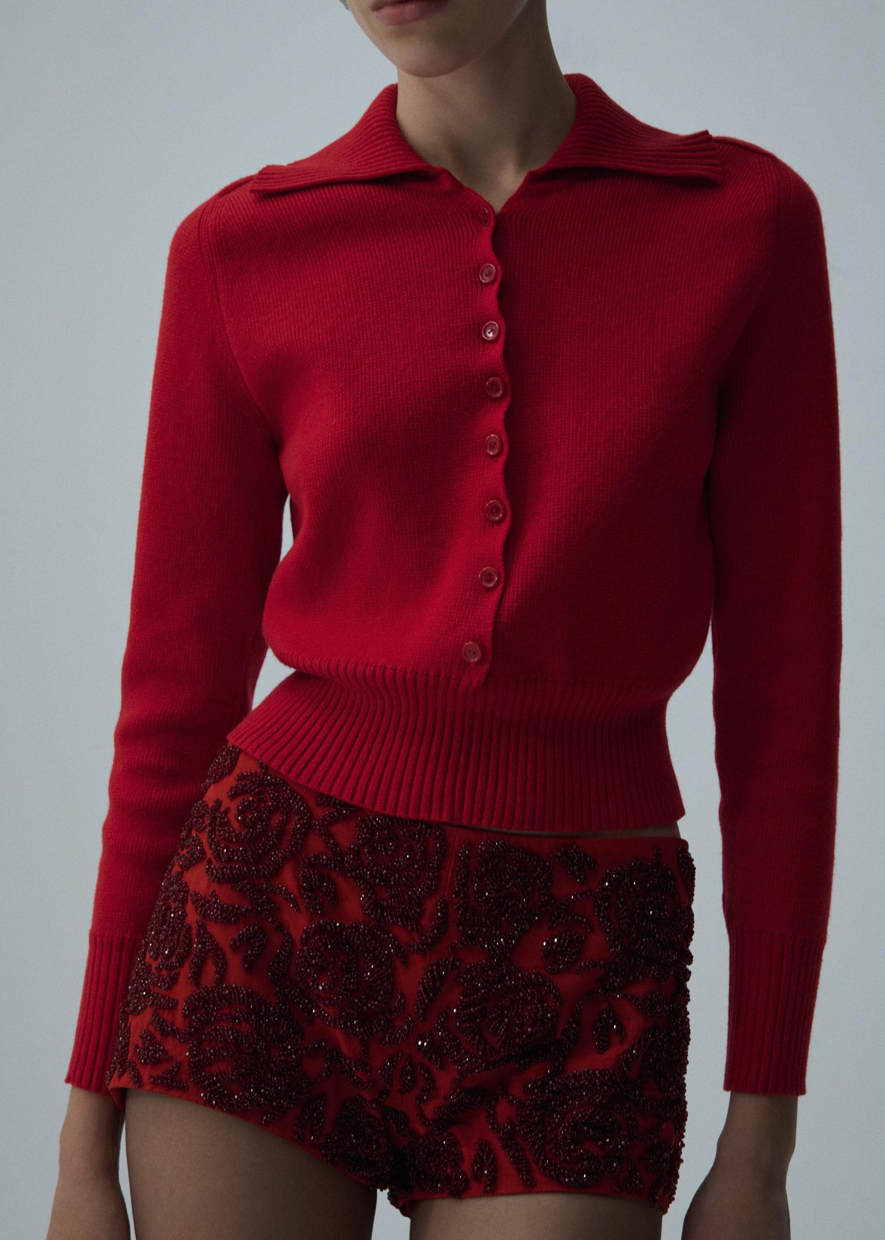 Long-sleeve buttoned cropped sweater in red Product Image