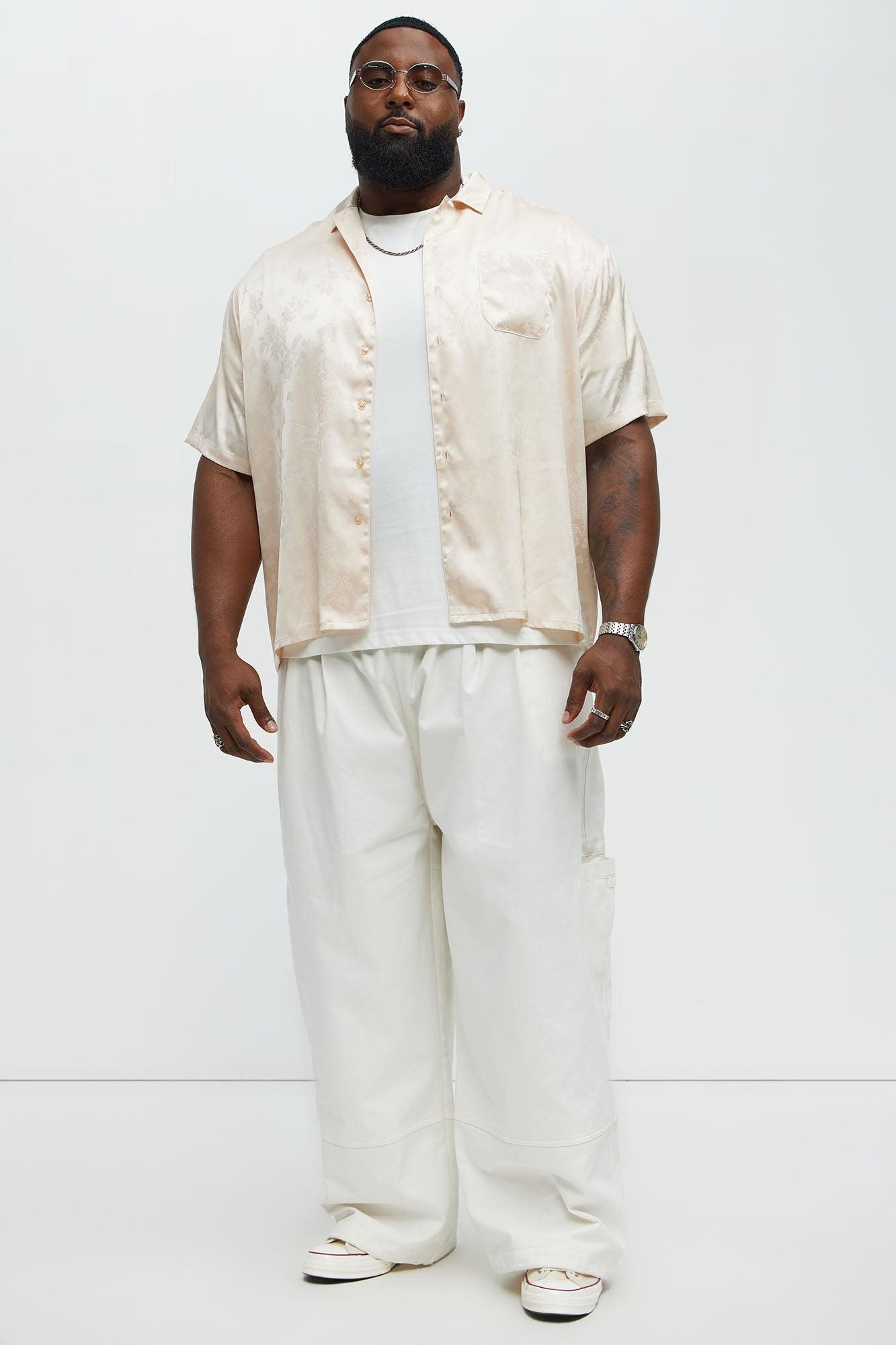 Satin Butterflies Short Sleeve Button Up Shirt - Ivory Male Product Image