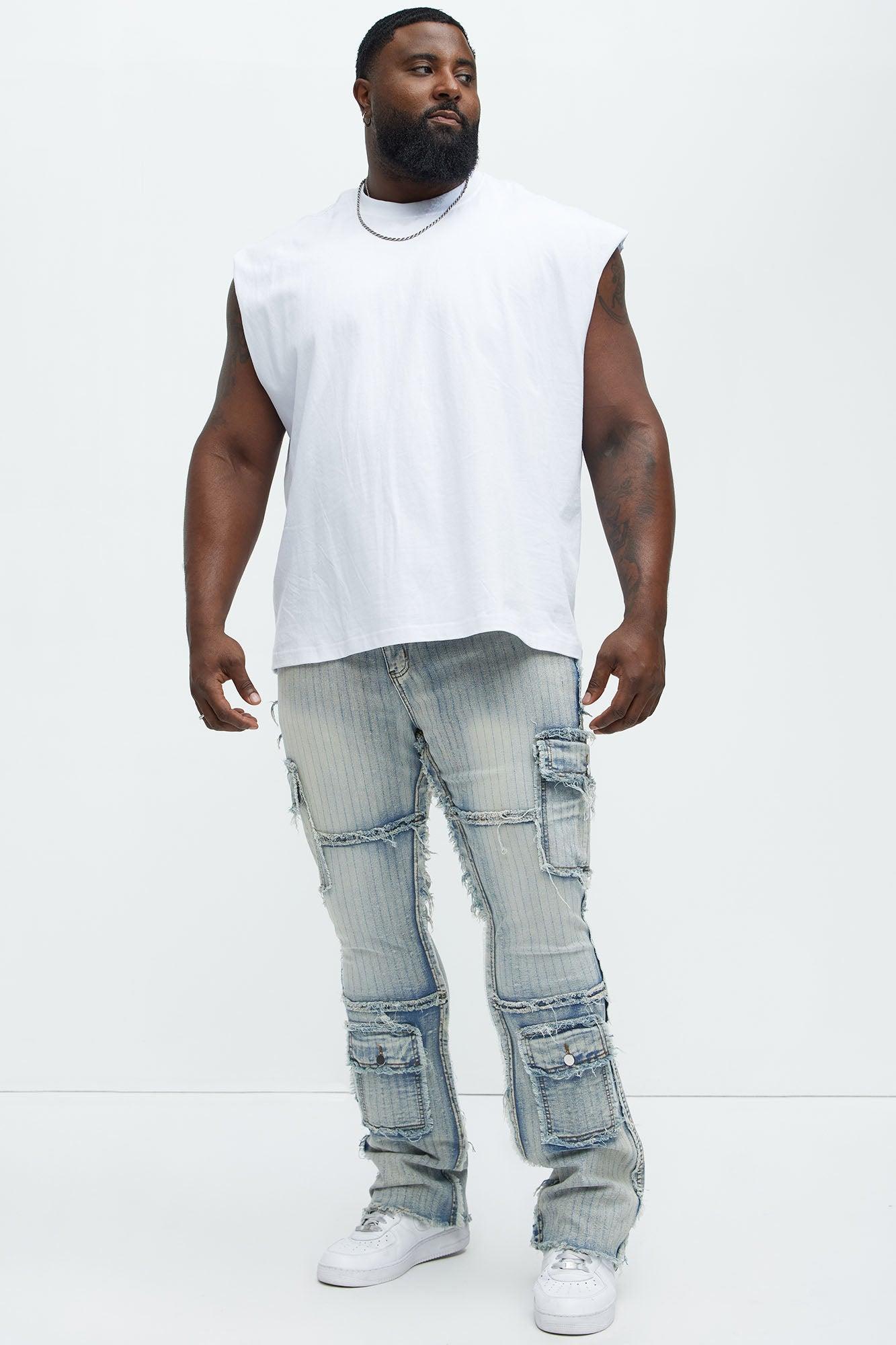 Stitched Down Cargo Stacked Skinny Flare Jeans - Light Wash Product Image