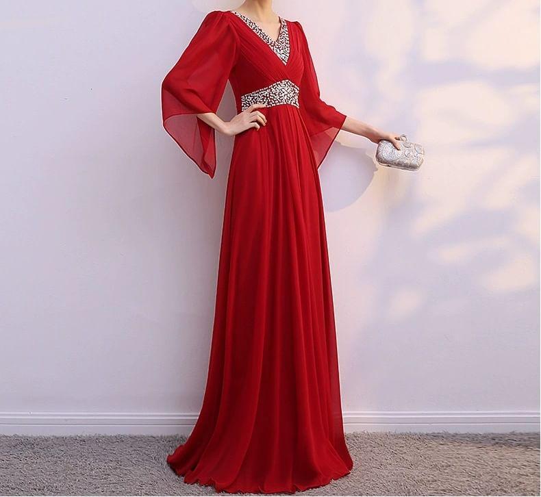 3/4-Sleeve V-Neck Lace Panel Maxi A-Line Dress Product Image