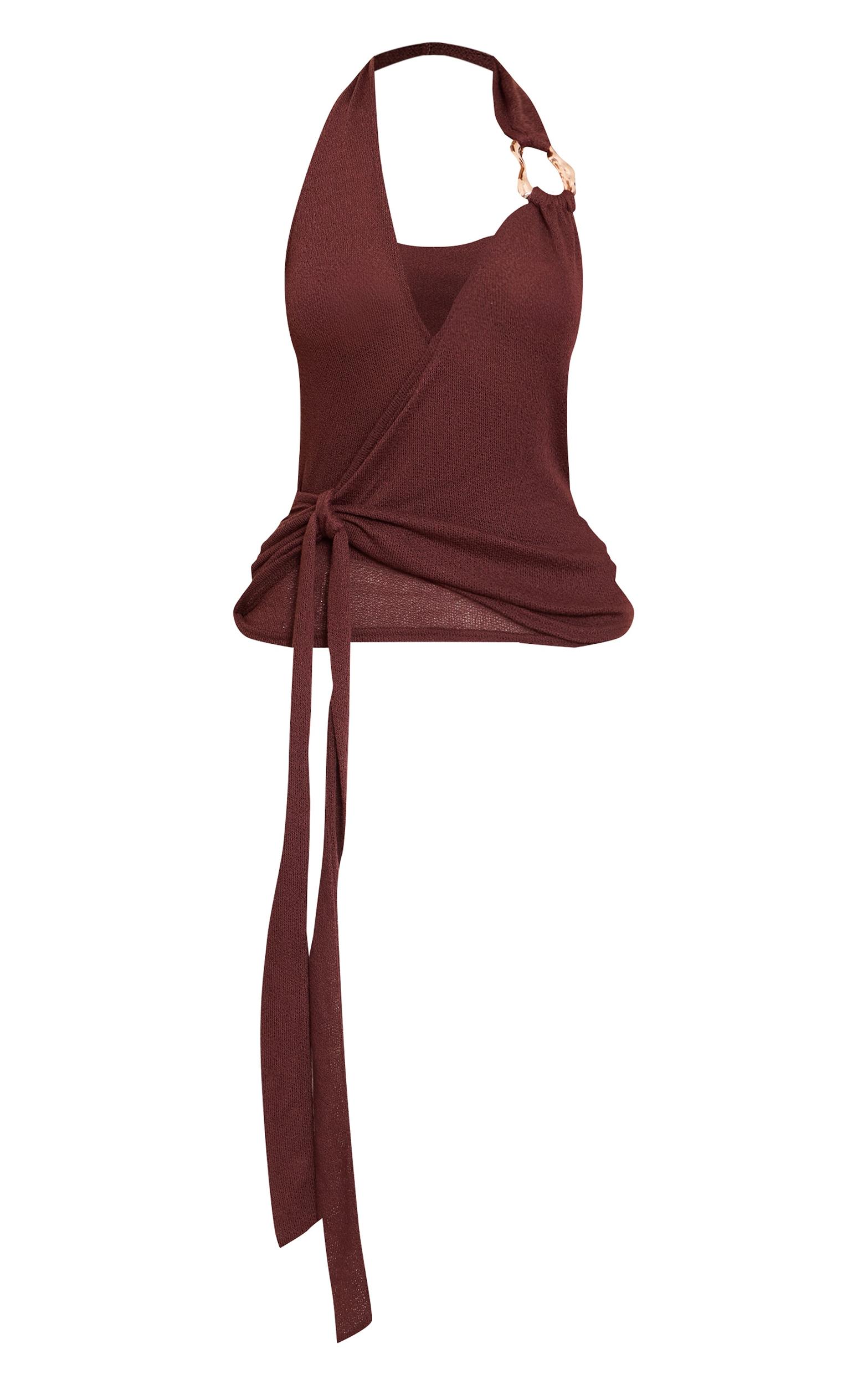 Chocolate Tie Detail Halter Neck Trim Knit Top Product Image