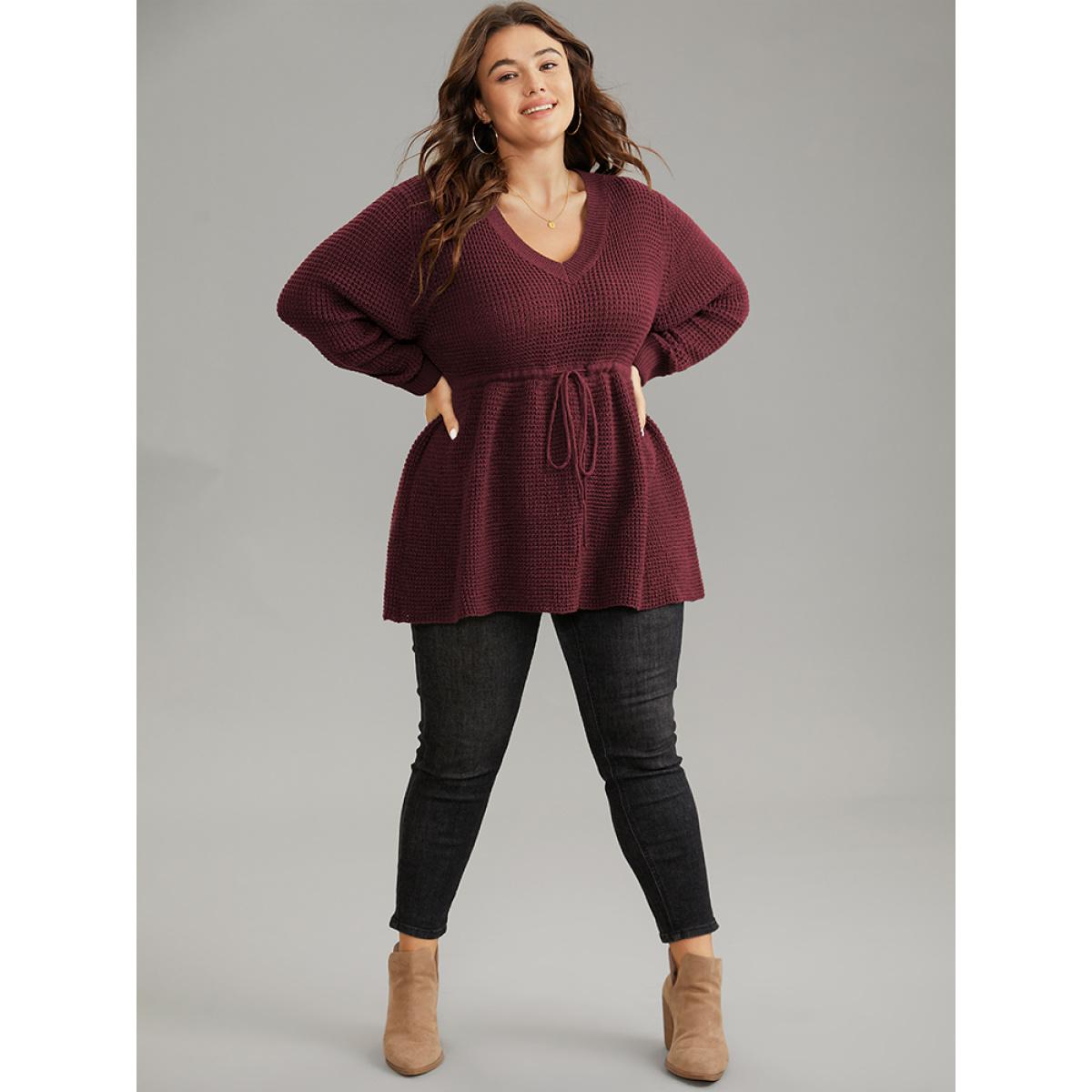 Plus Size Solid Drawstring Curved Hem Knit Pullover Burgundy Women Casual Long Sleeve V-neck Everyday Pullovers BloomChic 22-24/3X Product Image