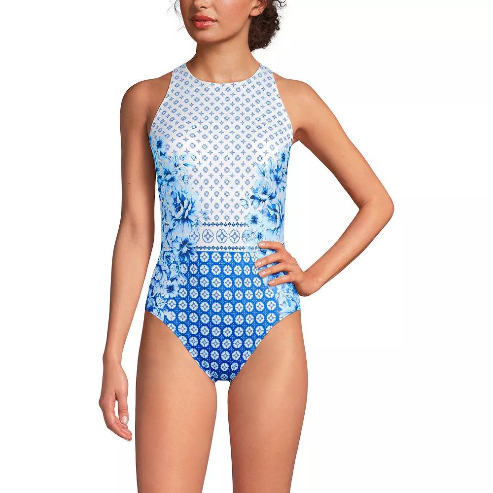 Women's Lands' End DD-Cup Tugless High Neck Portrait Back One-Piece Swimsuit, Size: 4, White Mosaic Floral Product Image