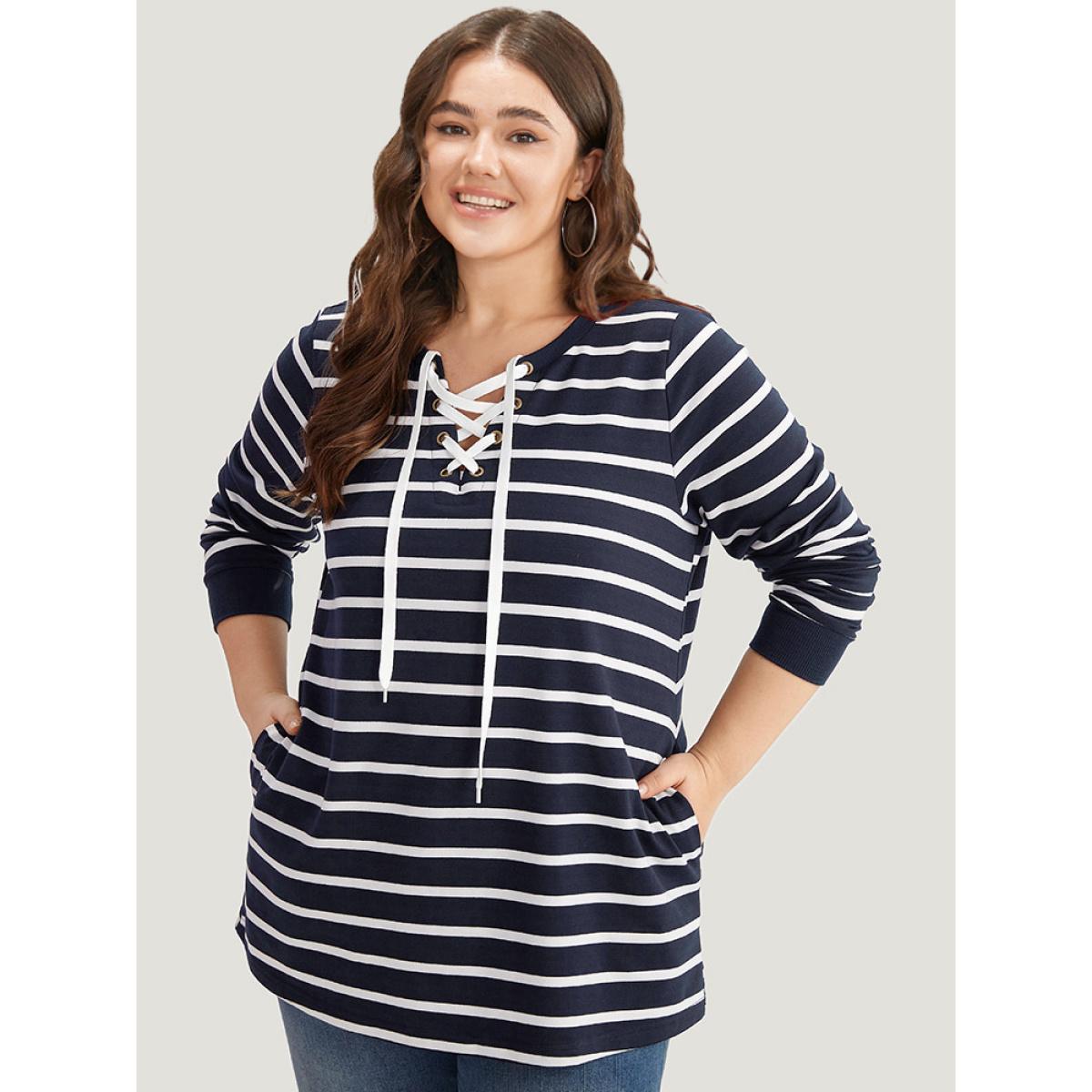 Plus Size Striped Patchwork Pocket Lace Up Sweatshirt Women Indigo Casual Elastic cuffs Notched collar Dailywear Sweatshirts BloomChic 12/L Product Image