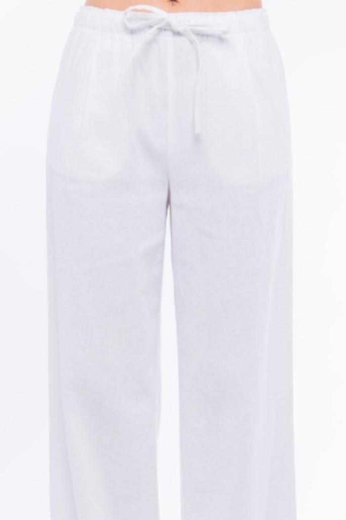 Linen Blend Full Cut Drawstring Pant in White Product Image