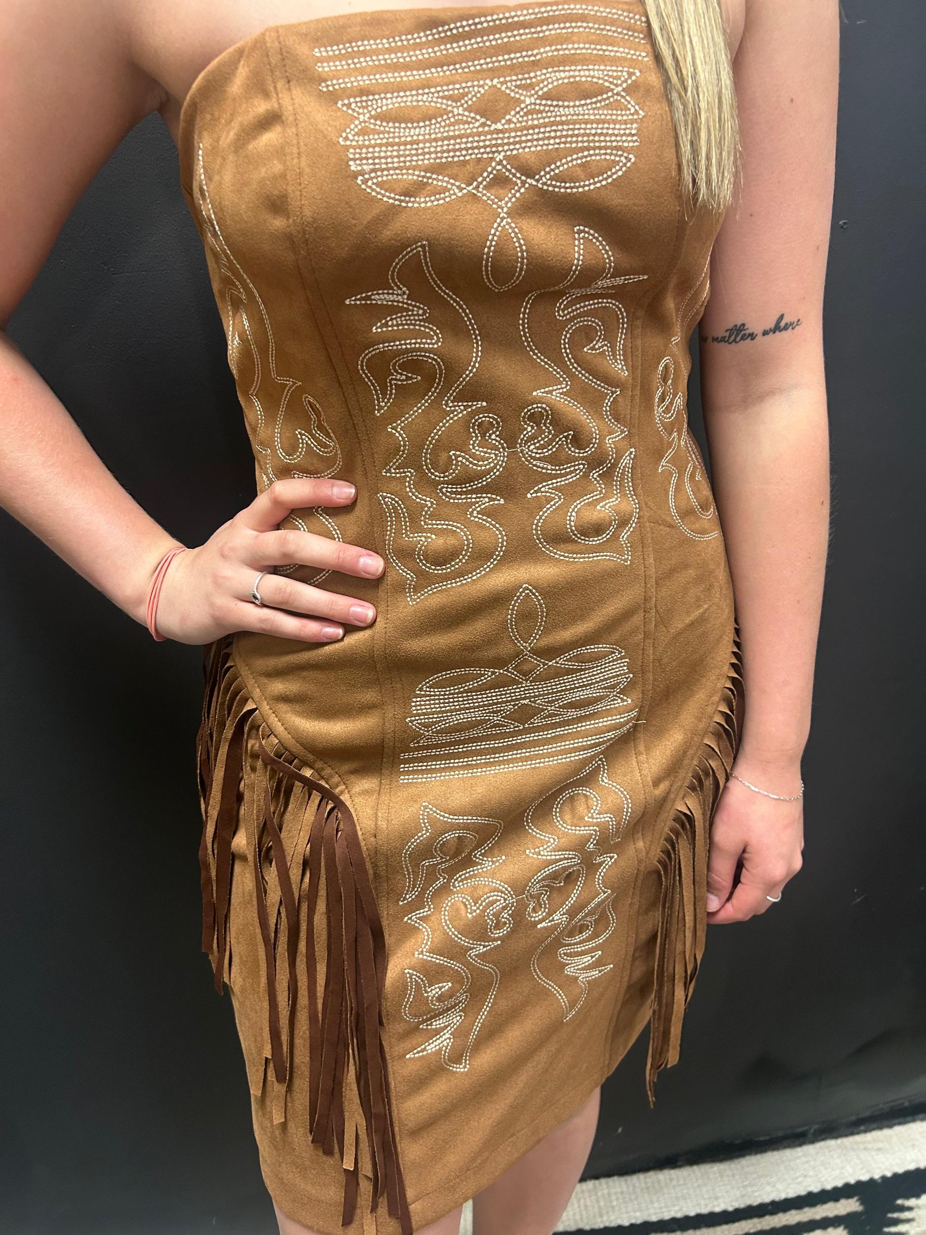Camel Suede Boot Stitch Embroidered Fringe Dress* Product Image