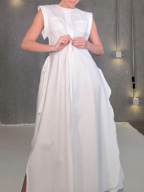 Cap Sleeve Loose Buttoned Solid Color Split-Side Tied Waist Maxi Dresses Shirt Dress Product Image