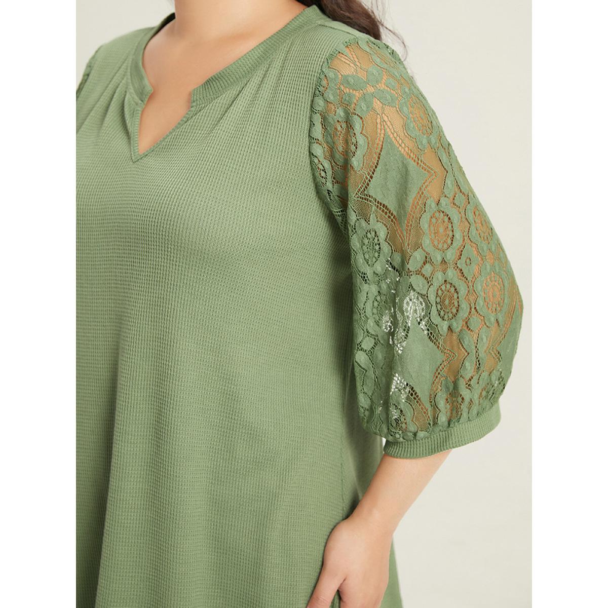 Plus Size Plain Lace Patchwork Notched T-shirt Green Women Elegant Plain Plain Notched collar Dailywear T-shirts BloomChic 14-16/1X Product Image
