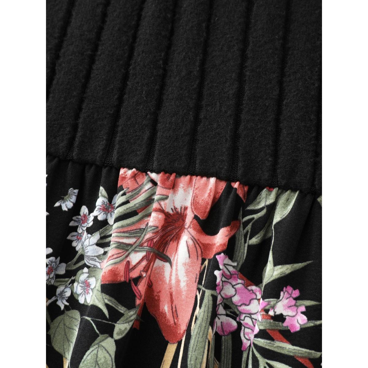 Plus Size Floral Print Color Contrast Midi Dress Black Women Timeless Texture Round Neck Long Sleeve Curvy BloomChic 22-24/3X Product Image