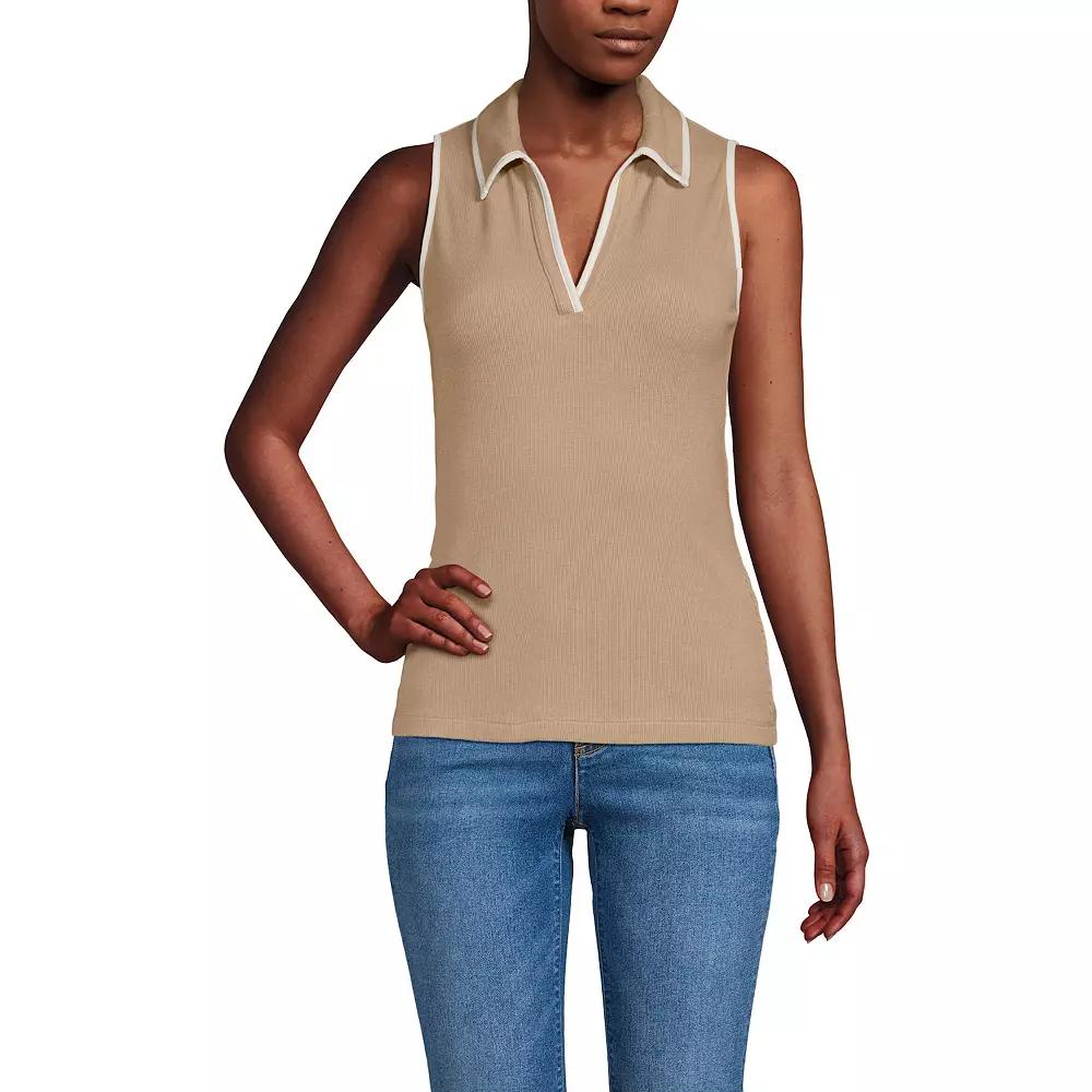 Women's Lands' End Drapey Rib Sleeveless Johnny Collar Polo Shirt, Size: Medium, Rich Camel Product Image