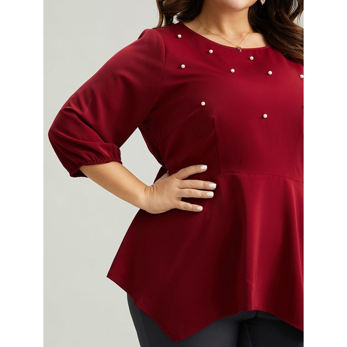 Plus Size Burgundy Plain Pearl Beaded Gathered Hanky Hem Blouse Women Glamour Elbow-length sleeve Round Neck Festival-Christmas Blouses BloomChic 30/6X Product Image
