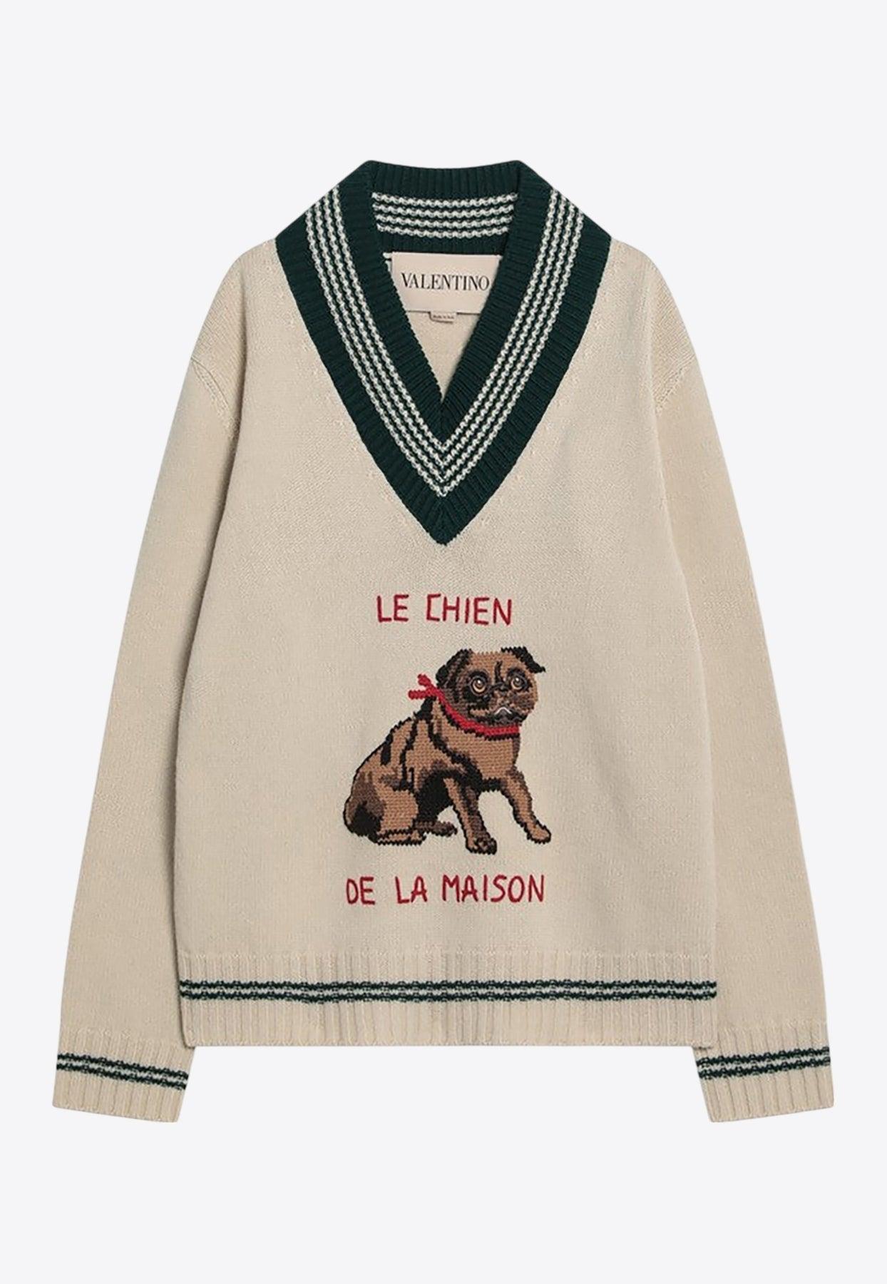 VALENTINO Embroidered V-neck Crewneck Sweater With Ribbed Trim In White Product Image