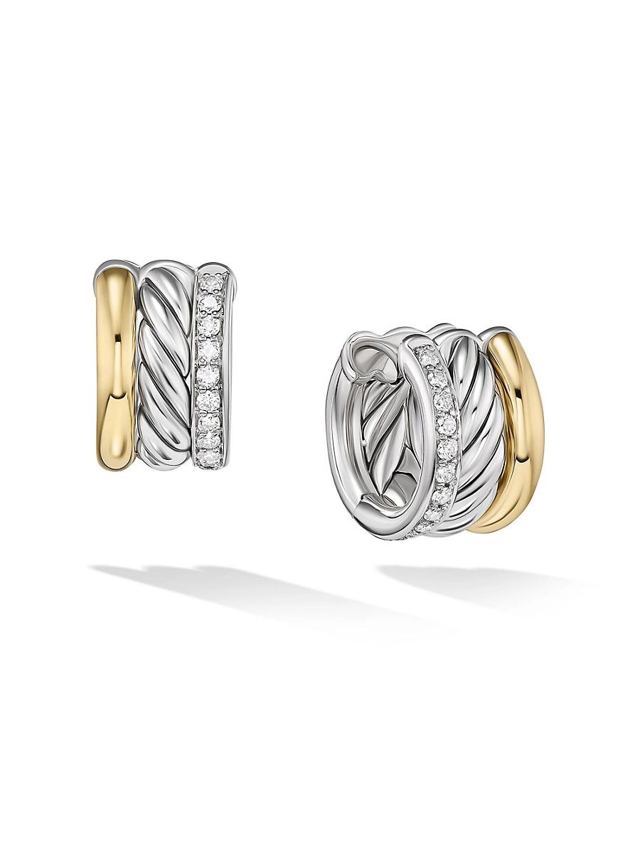 Womens DY Mercer Huggie Hoop Earrings in Sterling Silver with 18K Yellow Gold and Diamonds, 14MM Product Image